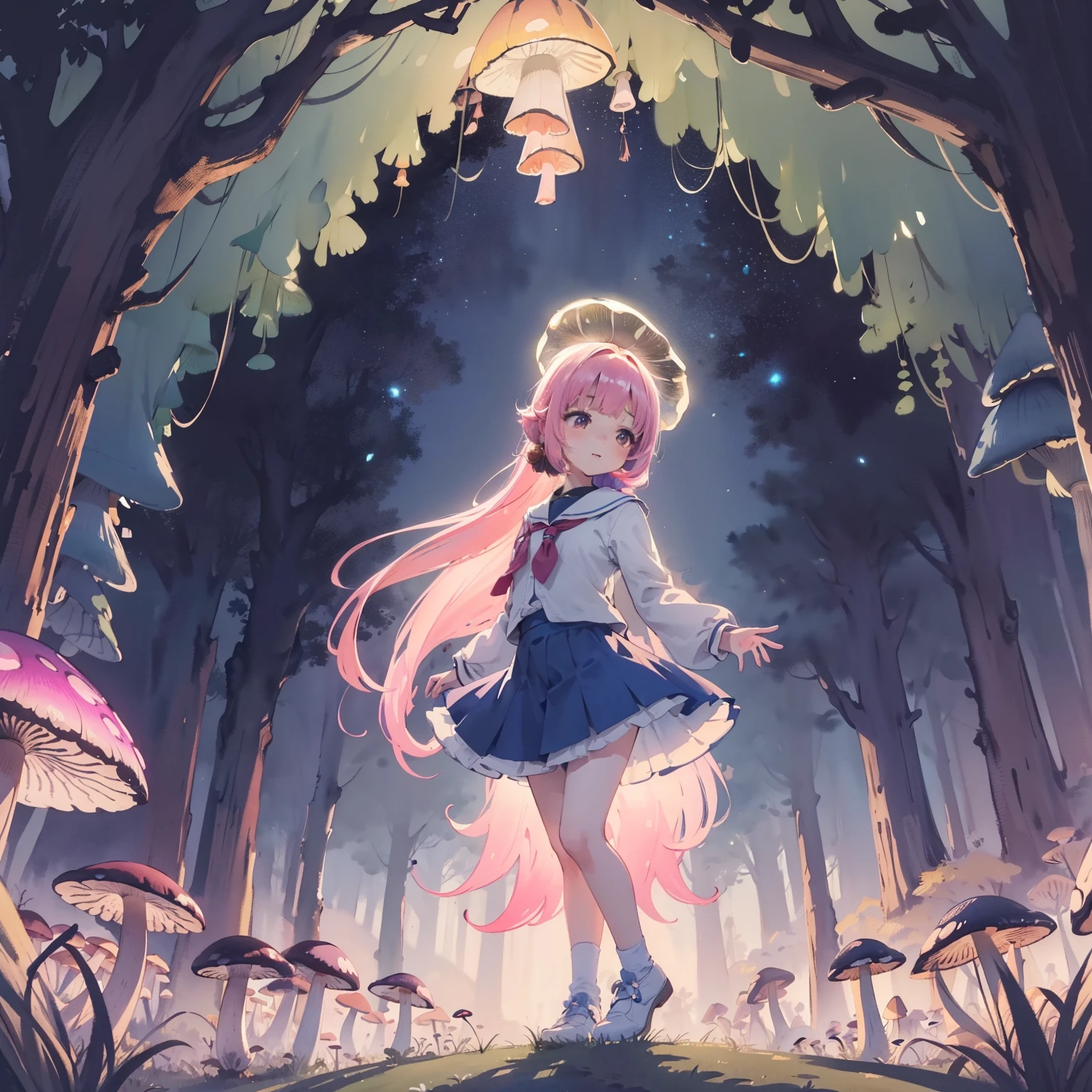 Beautiful and aesthetic,, Solo,Cute,colorfulhair,pleatedskirt,Dance,Cogumelos,Mushrooms,Huge mushrooms,spore,(glowing ambiance, enchanting glow, luminouslighting, Ethereal atmosphere,Watercolor illustration, Perfect anatomy, Masterpiece, Best quality, 1girll, li,eature, landscape