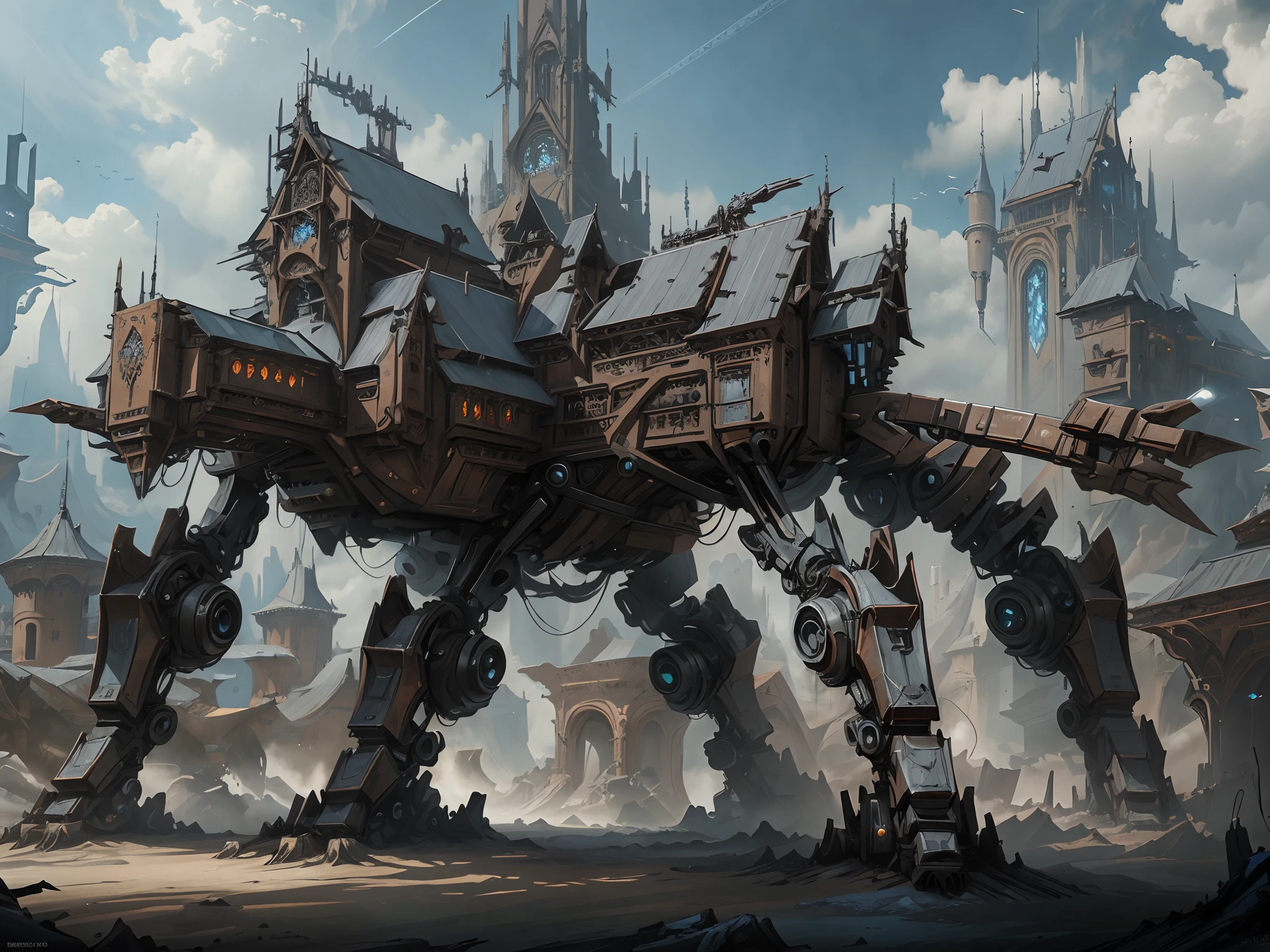 Futuristic Gothic castle body robot, High quality digital concept art, epic fantasy concept art, concept-art | feng zhu, senior concept artist, Epic digital concept art, fantasy concept art, steampunk concept art, stunning concept art, epic fantasy sci fi illustration, award winning concept artist, high-quality concept art, stunning concept art