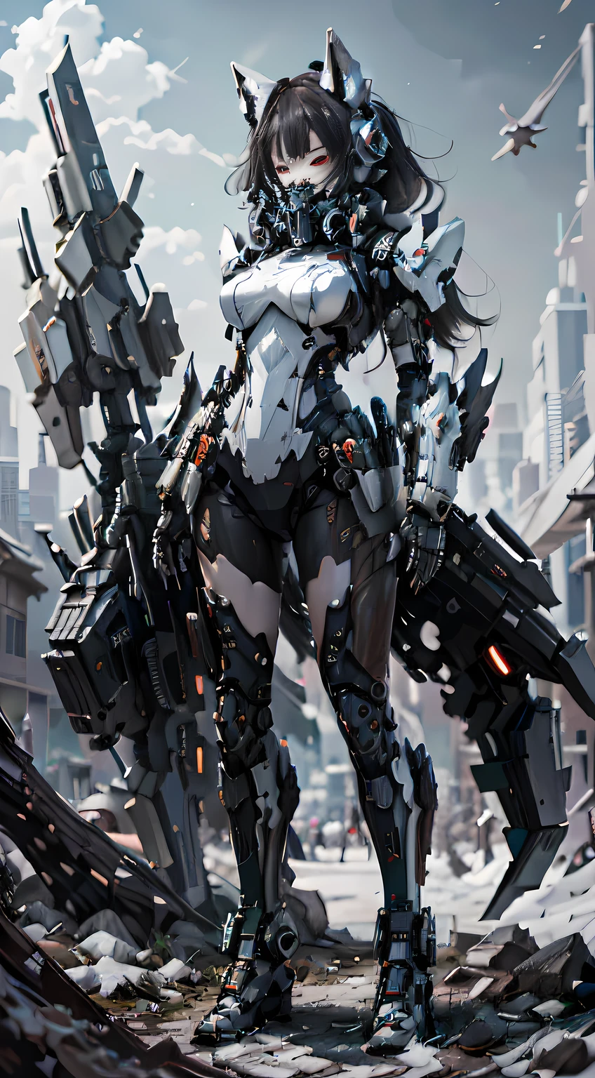 This is a hyper-detail、High resolution and top quality CG Unity 8k wallpaper,The style is cyberpunk,Mainly black and red。A stunning snow fox woman takes center stage. Furry white frosting fox tail and delicate snow fox ears grow on the back,s delicate face,Wearing a steam mech mask,standing on ruins,The movement of a woman holding a long scythe in her hand,