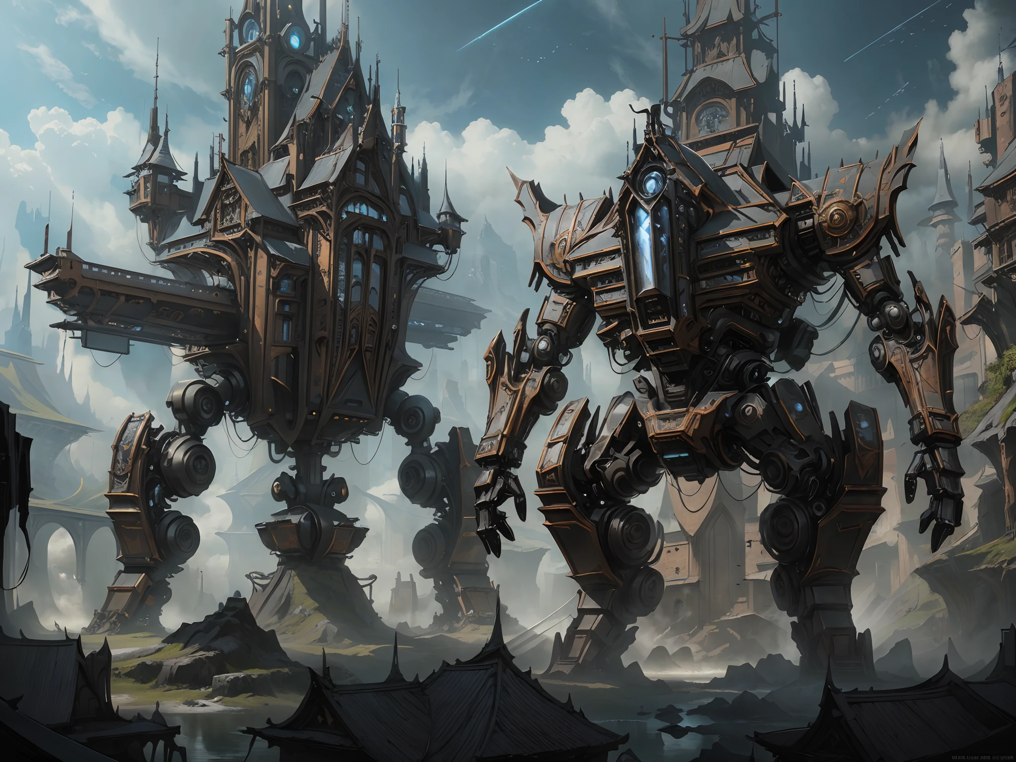 Futuristic Gothic castle body robot, High quality digital concept art, epic fantasy concept art, concept-art | feng zhu, senior concept artist, Epic digital concept art, fantasy concept art, steampunk concept art, stunning concept art, epic fantasy sci fi illustration, award winning concept artist, high-quality concept art, stunning concept art