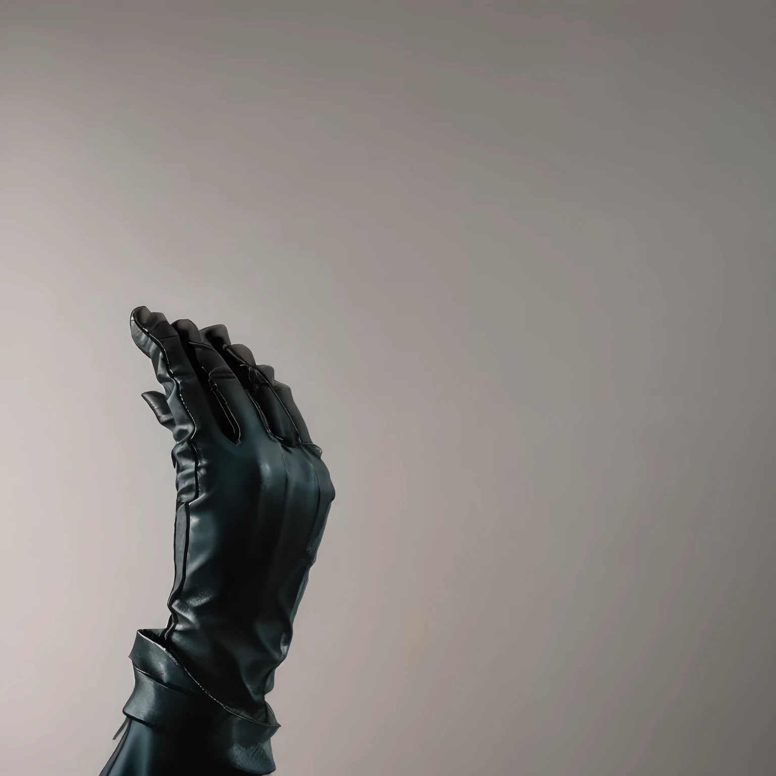 From the other side of the darkness, a woman's hand with black suit sleeves and black leather gloves