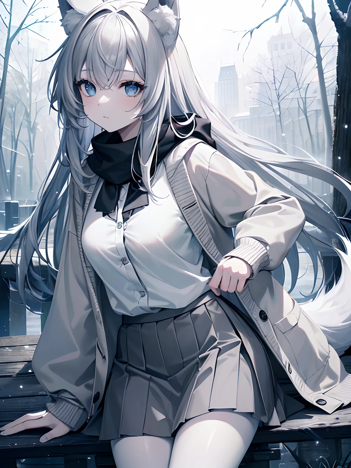 (Obra maestra, La mejor calidad, ultrahigh resolution),1girl,Orejas de lobo, Cola de lobo,piel blanca,Cara hermosa y detallada, ojos detallados,falda gris,cardigan,(invierno),en un parque,((Grey and blue-gray theme))
