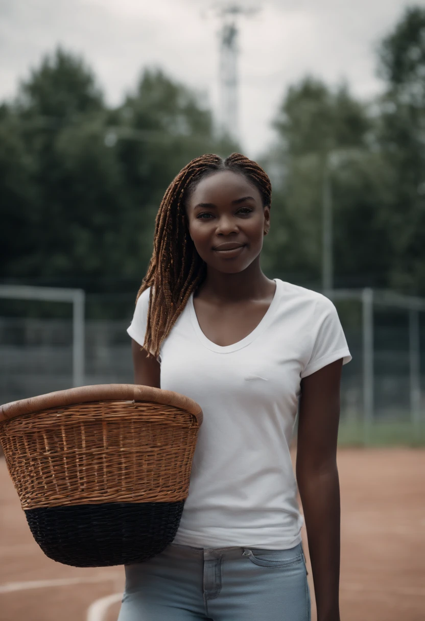 fille congolaise, 4K, super realistic, debout, dans un t-shirt blanc, dans un jean bleu, basket nike blanc, avec des tresses noir