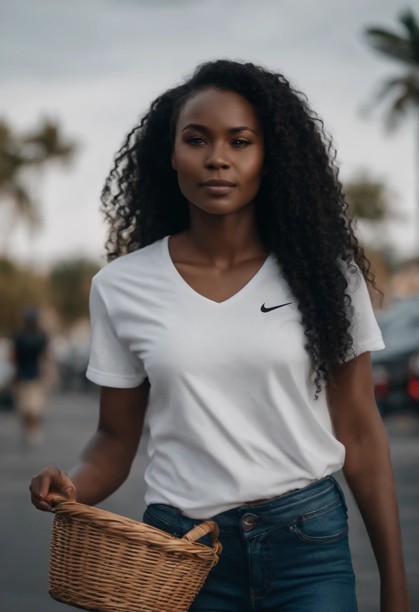 fille congolaise, 4K, super realistic, debout, dans un t-shirt blanc, dans un jean bleu, basket nike blanc, avec des tresses noir
