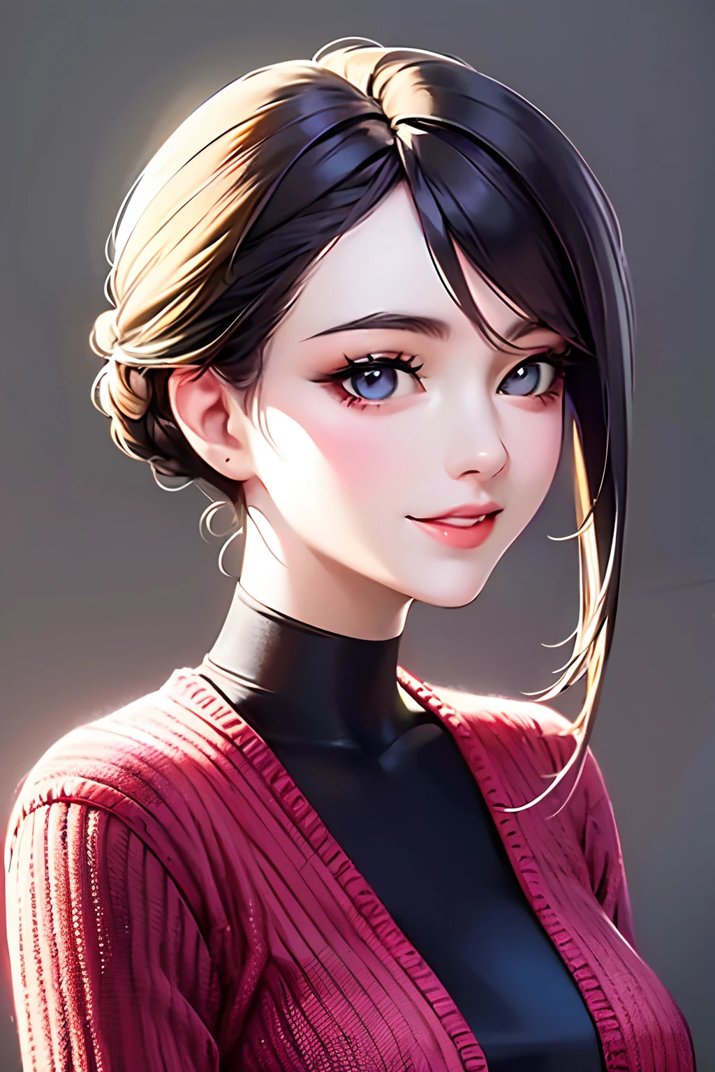 (masutepiece, Highest Quality), Beautiful and aesthetic, 1womanl, Idol, Elegant, (25 years old), Portrait, lightsmile, (North Reason Knit), Entire upper body, Simple background,