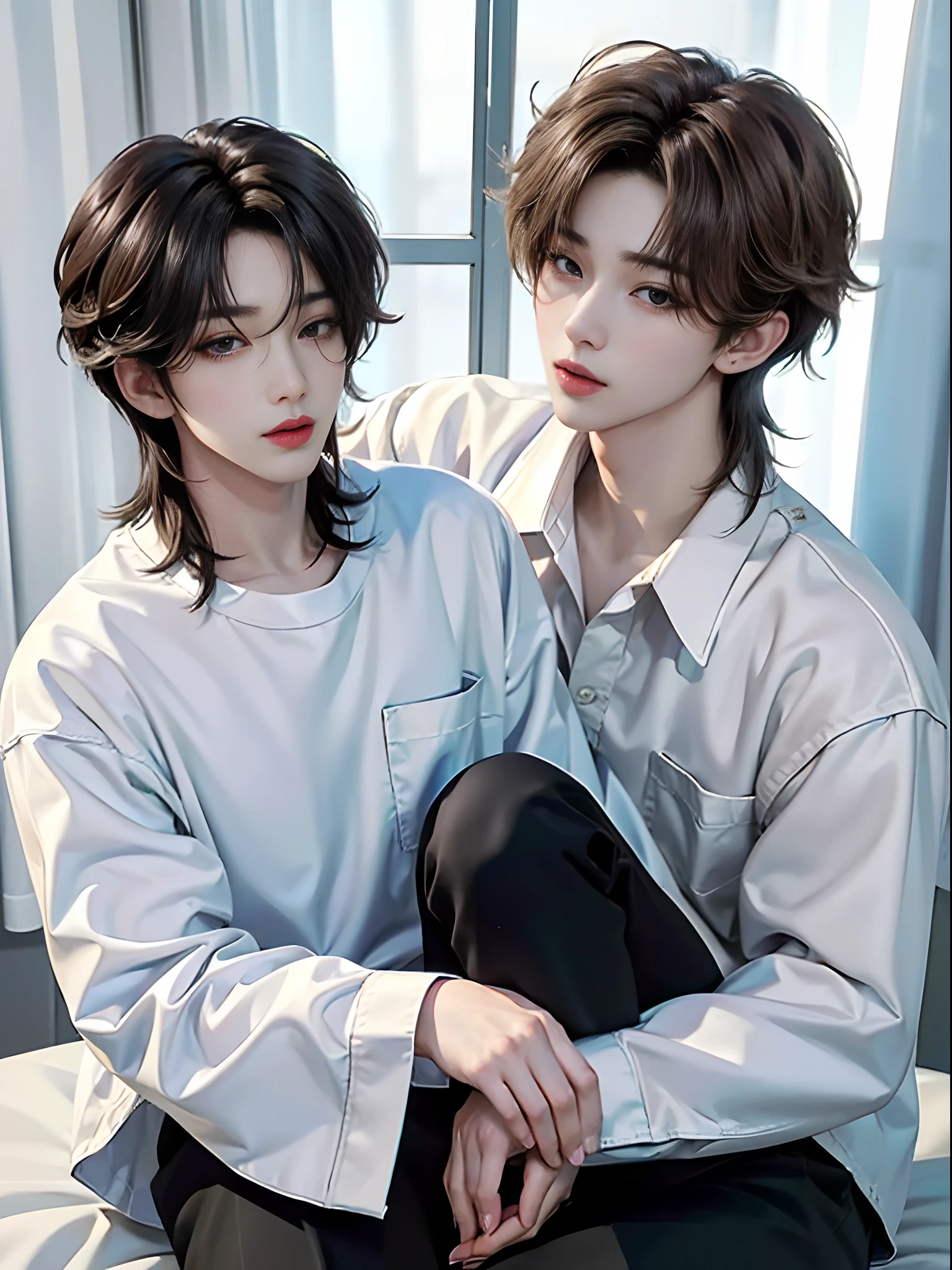 masterpiece、(top-quality)、((high-level image quality))、One Manly Boy、Slim body、((White Y-shirt and long black pants:1.1))、(Detailed beautiful eyes)、In the Han River、Face similar to Chaewon in Le Selefim、((short hair above the ears))、((Smaller face))、((Neutral face))、((Light brown eyes))、((Korean boy))、((18year old))、((Handsome man))、((Wild look))、((Korean Makeup))、((elongated and sharp eyes))、((Happy dating))、((selfy))、((Shooting from close range))