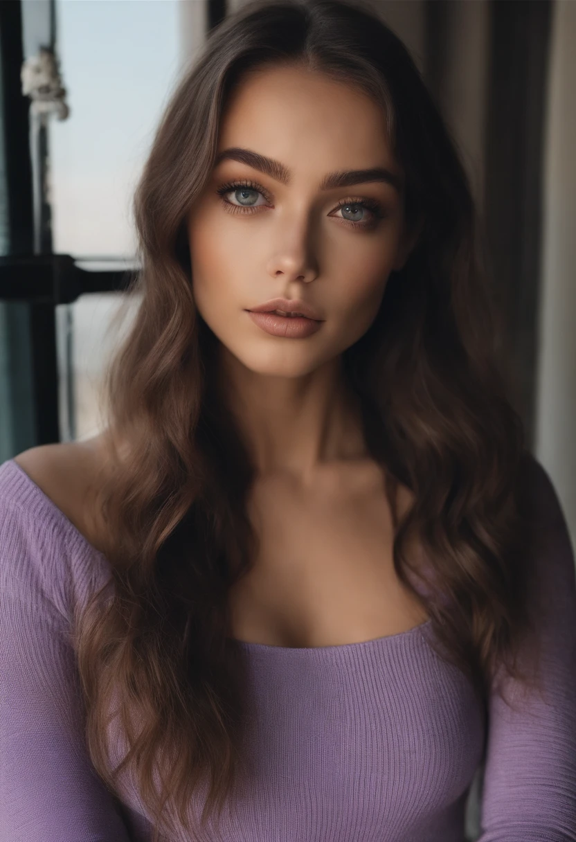 Arafed woman with black clothes, fille sexy aux yeux bruns, Portrait Sophie Mudd, cheveux bruns et grands yeux, selfie of a young woman, Yeux de chambre, Violet Myers, sans maquillage, maquillage naturel, looking straight at camera, Visage avec Artgram, Maquillage subtil, Superbe photo du corps entier, on a balcony with mountains behind her, French cleavage