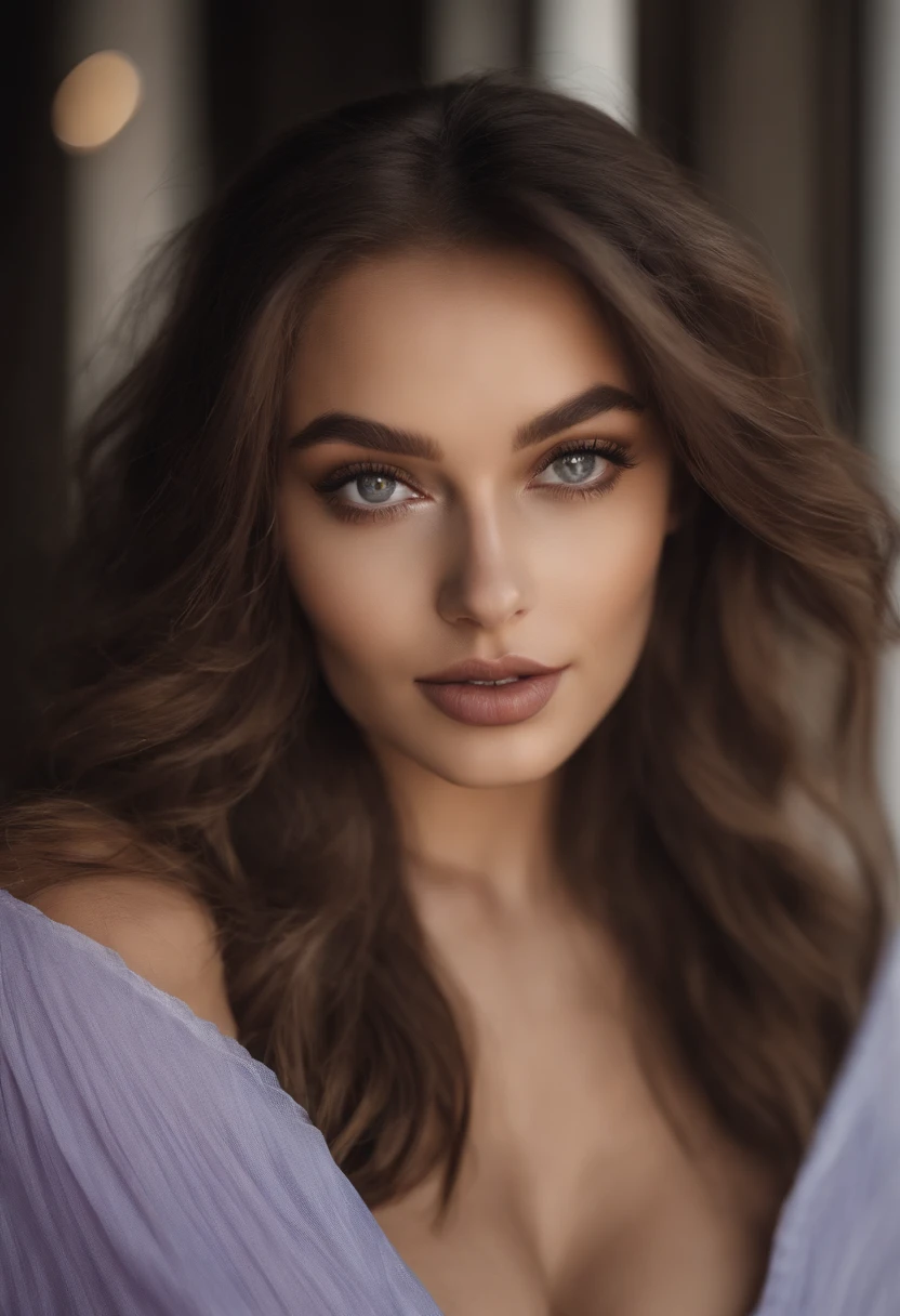 Arafed woman with black clothes, fille sexy aux yeux bruns, Portrait Sophie Mudd, cheveux bruns et grands yeux, selfie of a young woman, Yeux de chambre, Violet Myers, sans maquillage, maquillage naturel, looking straight at camera, Visage avec Artgram, Maquillage subtil, Superbe photo du corps entier, on a balcony with mountains behind her, French cleavage