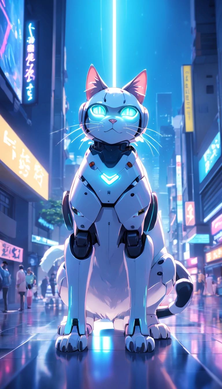 robotic cat, (Estilo de brinquedo da caixa cega:1.2), (tiro de corpo inteiro) , 1 Menino Transparente,Behind him is a cute transparent robot cat, Mech transparente, Capacete requintado:1.2, glasses:1.2, Cyberpunk, brilho sonhador, luminous neon lights, limpo, fundo branco, ( global ilumination, Traching de raias, HDR, unreal render,Reasonable design, alto detalhe, master part, best quality, hiper HD, Cinematic lighting)