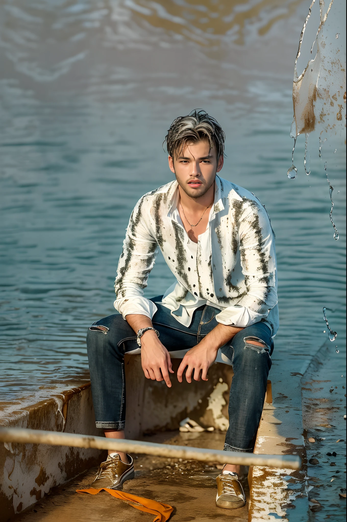 best image quality, masterpiece, super high resolution, (fidelity:1.4), photo, 1boy, white shirt, torn jeans, white sneakers, dim, darkness, despair, pity, poor, movie, tears, teardrops, (torn clothes:1.5), (wet clothes:1.4), real rain, wet hair,..ssmile