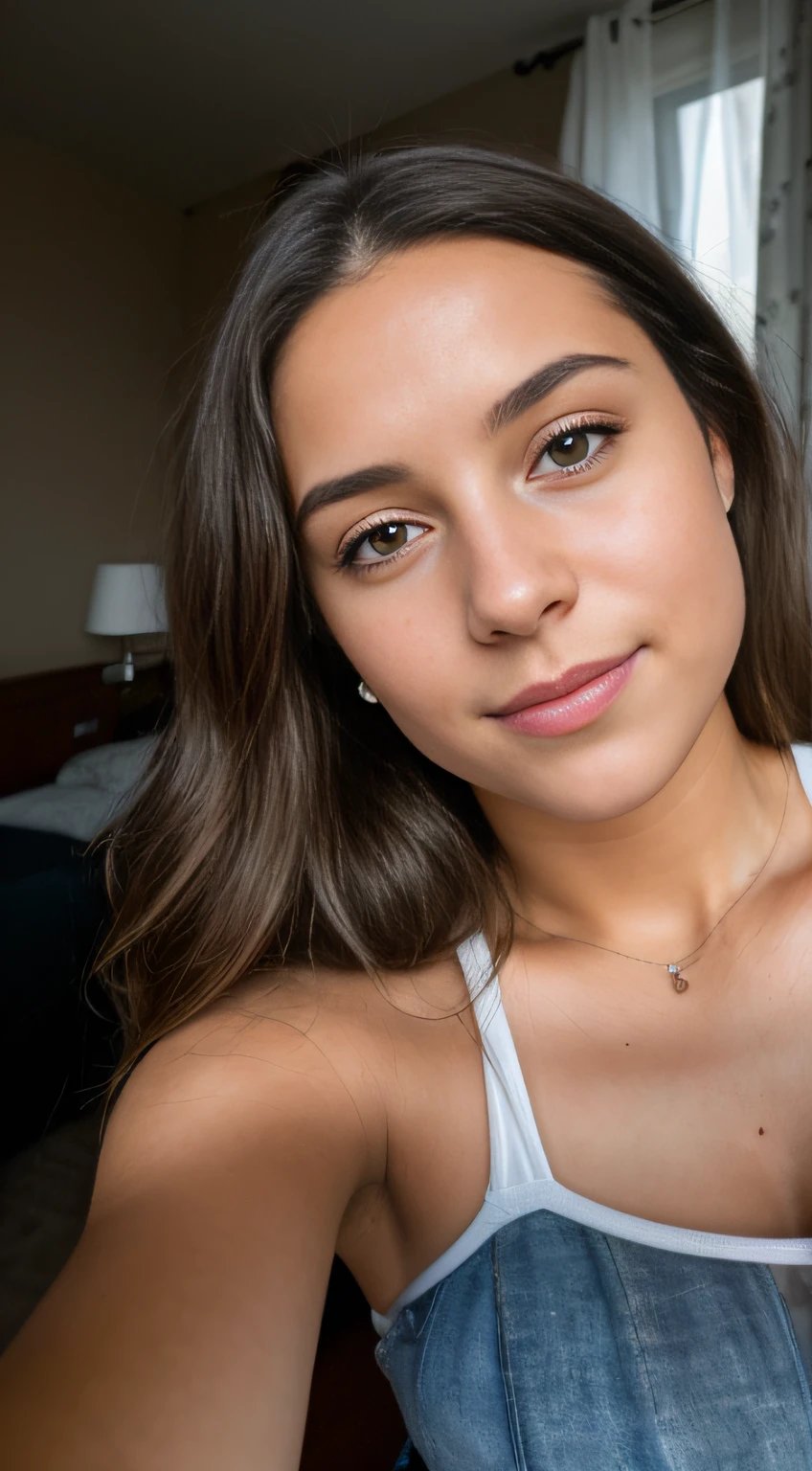 Sequenced RAW photo, une photo d'une jeune de 16 ans, ((selfie du haut du corps, Content)), face detailed, Slightly blurred detailed backgrounds, natural lights, Hdr, photo realist, Photo professionnelle, flirter avec le spectateur, visuel sexy, Fotorrealista, Linda, peau naturelle, 8K UHD, highly quality, grain filmique, Fujifilm XT3