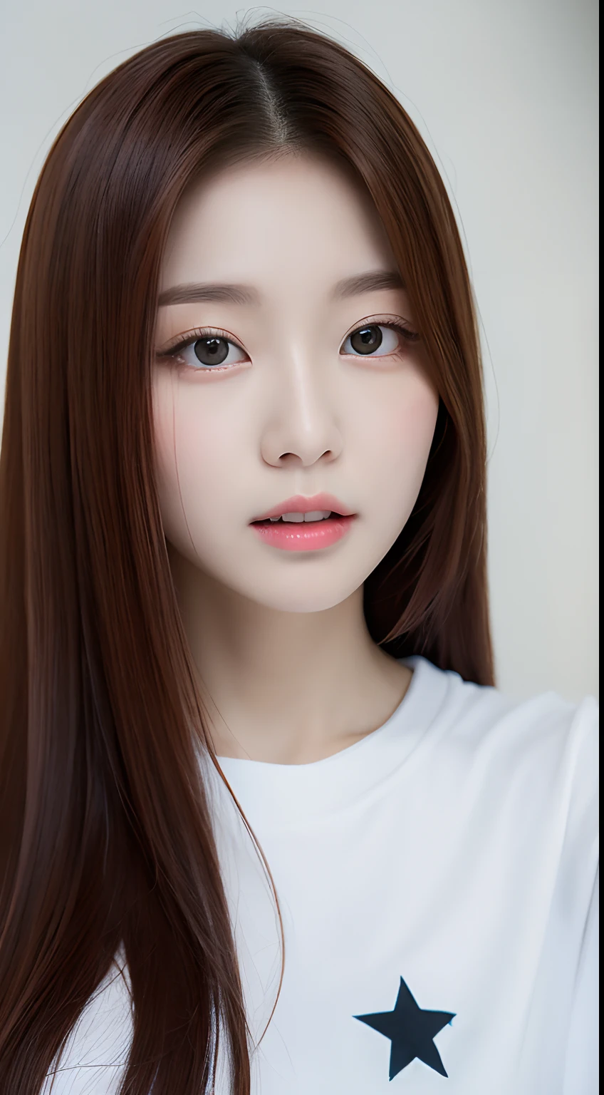 Realistic photos of (1 cute Korean star) straight hair, thin makeup, 32 inch breasts size, wearing t-shirt, in the class, selfie, close-up portrait, UHD
