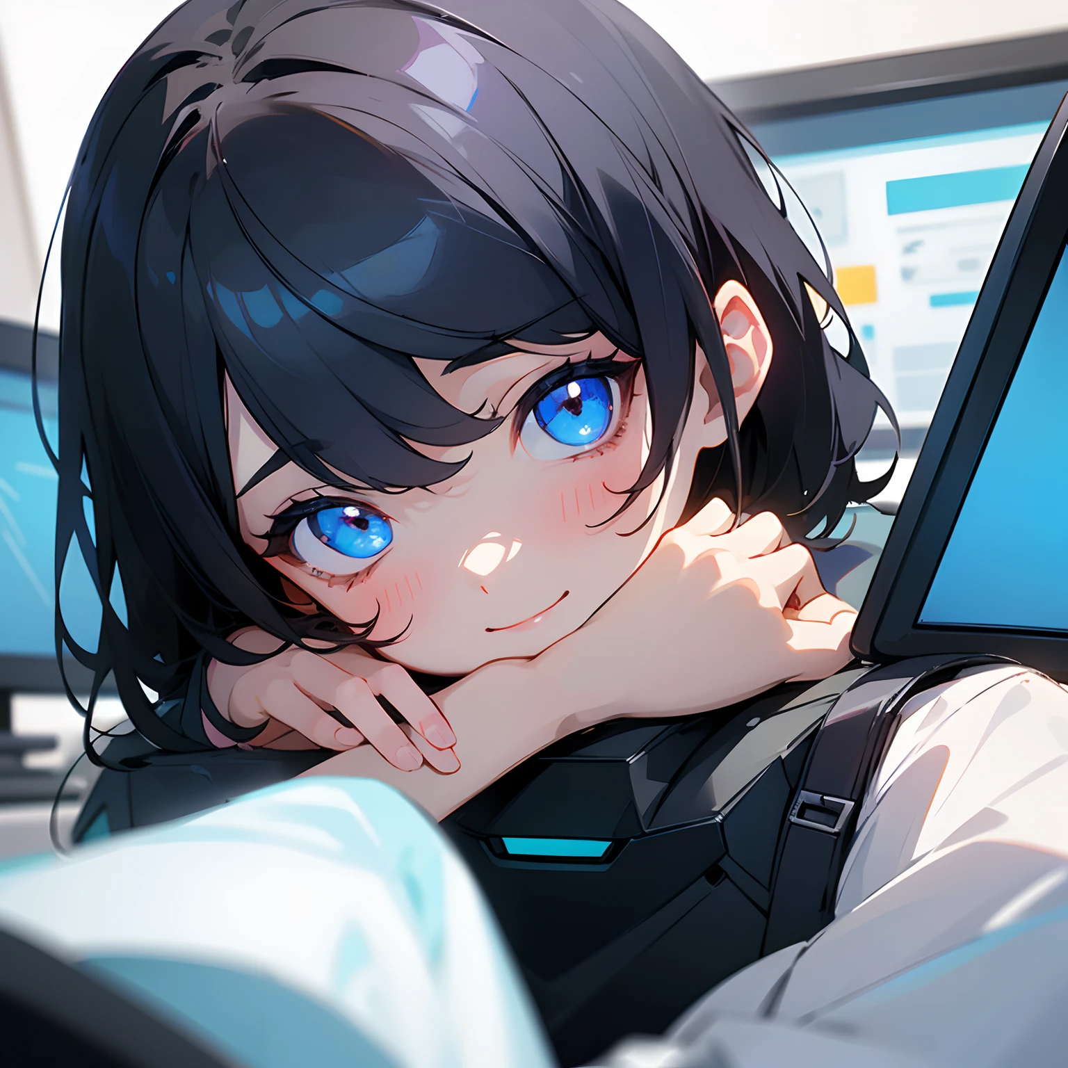 Beautiful illustration、top-quality、girl with、Black hair、shorth hair、A slight smil、sideways Facing、(((Delicat eyes)))、blue eyess、personal computers、officeworker、s Office、