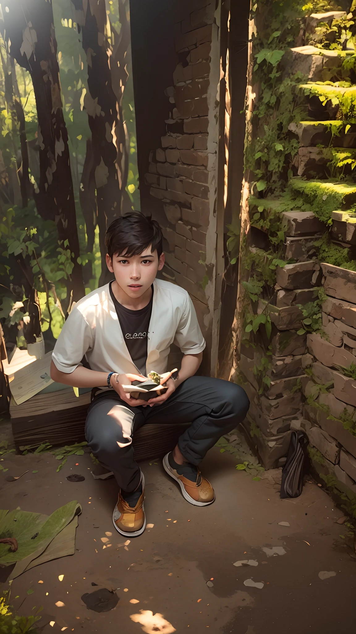 Boy, sitting in the forest