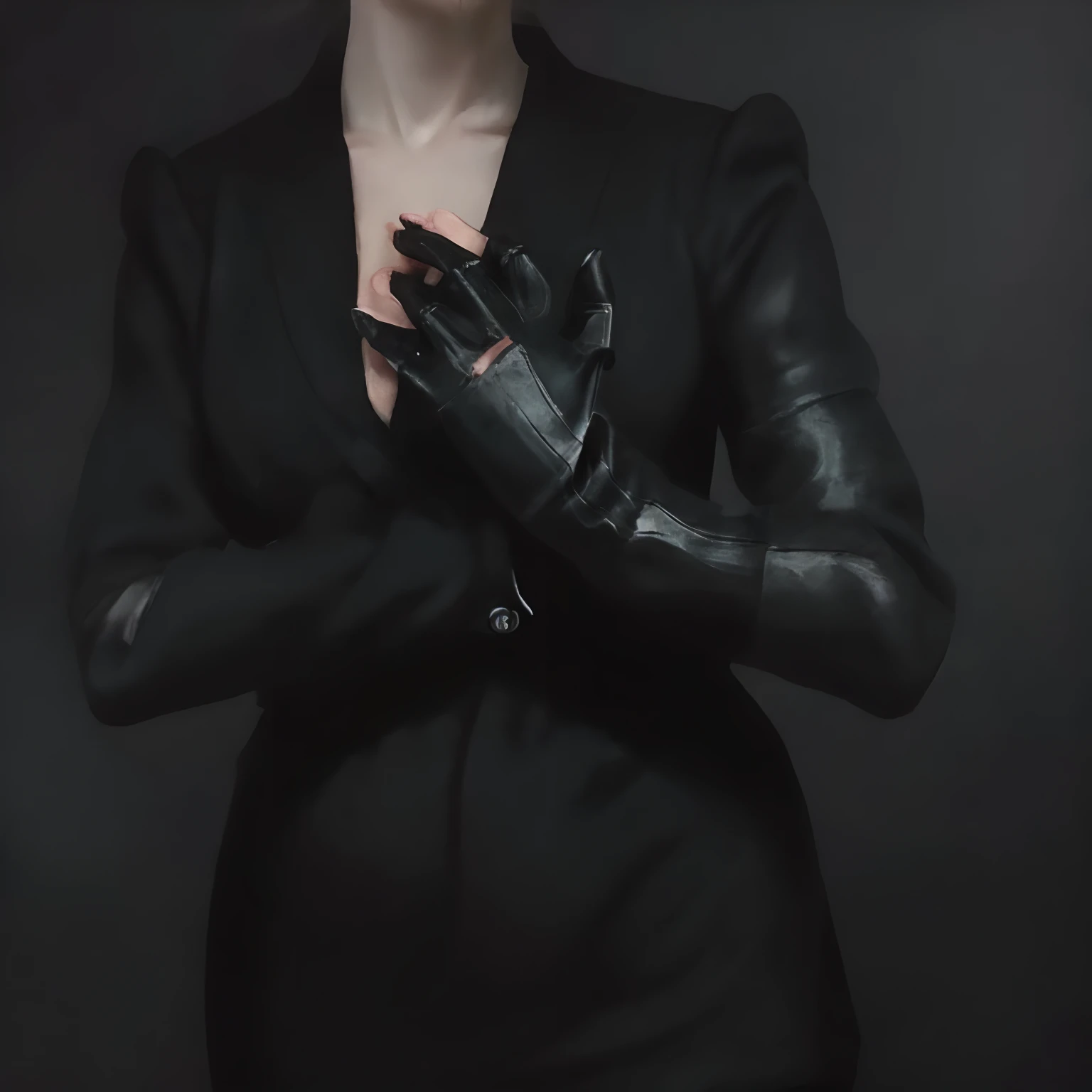 From the other side of the darkness, a woman's hand with black suit sleeves and black leather gloves