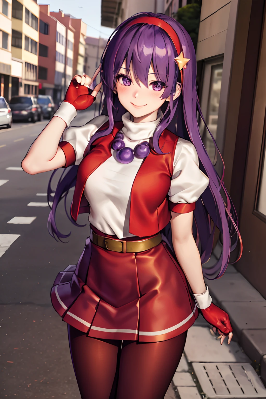 (masterpiece), (best quality), (ultra-detailed), intricate detail, athena97, 1girl, solo, purple eyes, purple hair, long hair, white earrings, red hairband, star hair ornament, medium breats, red vest, white turtleneck, white puffy sleeves, short sleeves, red pleated skirt, (deep red pantyhose:1.2), black pantyhose, yellow belt, purple sphere shape necklace, red fingerless gloves, white short socks, red shoes,   (outdoors), photography, smile, blush, sunny, nsfw, cowboy shot, blurry background, street background,