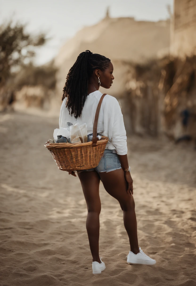 fille congolaise, 4K, super realistic, debout, dans un t-shirt blanc, dans un jean bleu, basket nike blanc, avec des tresses noir