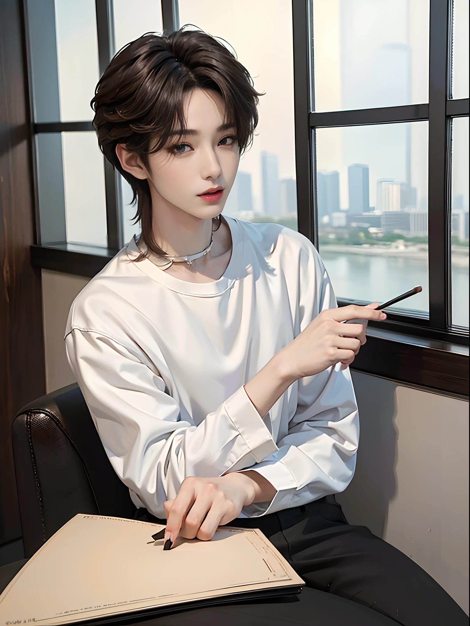 masterpiece、(top-quality)、((high-level image quality))、One Manly Boy、Slim body、((White Y-shirt and long black pants:1.1))、(Detailed beautiful eyes)、In the Han River、Face similar to Chaewon in Le Selefim、((short hair above the ears))、((Smaller face))、((Neutral face))、((Light brown eyes))、((Korean boy))、((18year old))、((Handsome man))、((Wild look))、((Korean Makeup))、((elongated and sharp eyes))、((Happy dating))、((selfy))、((Shooting from close range))