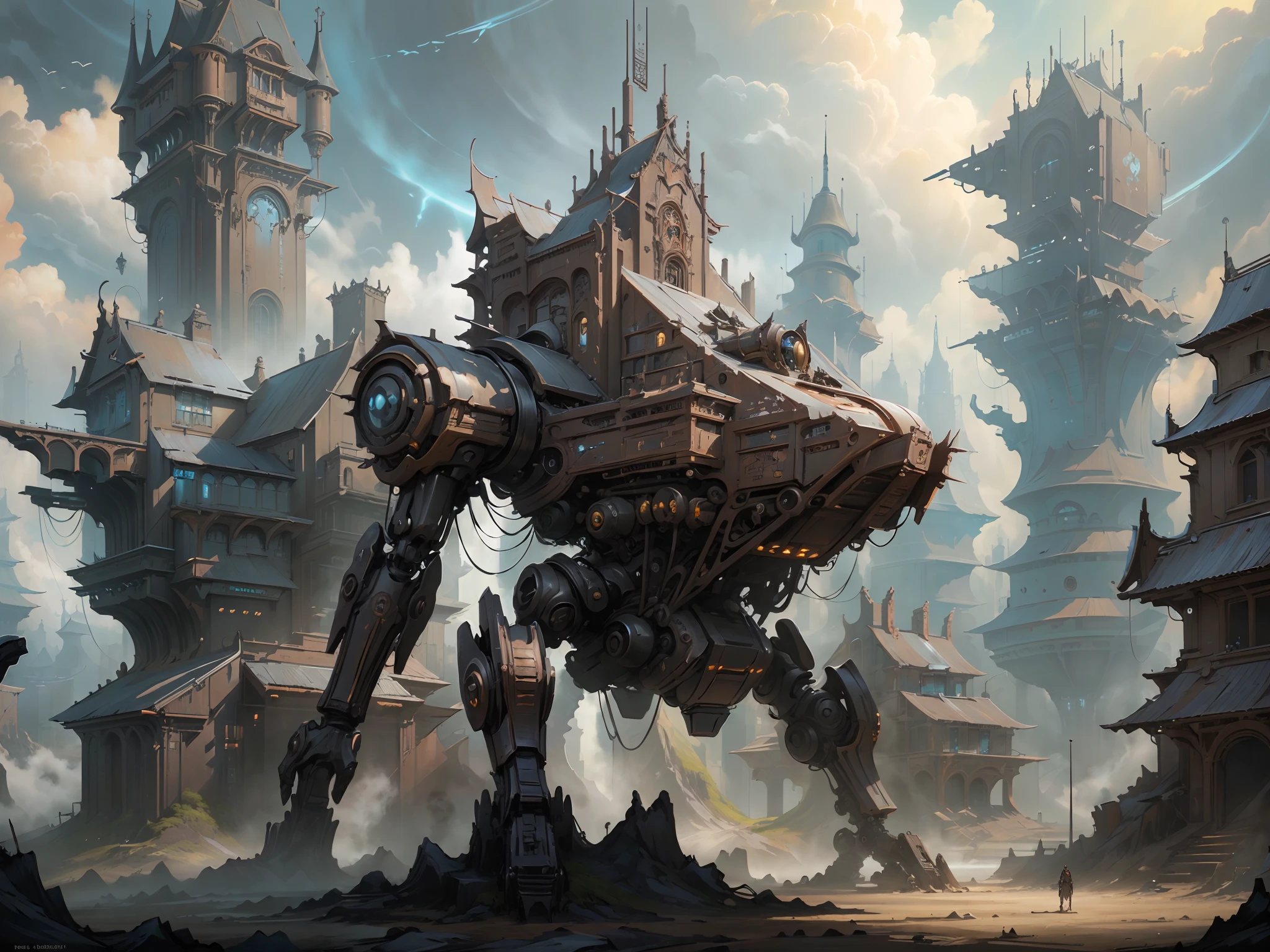 Futuristic Gothic castle body robot, High quality digital concept art, epic fantasy concept art, concept-art | feng zhu, senior concept artist, Epic digital concept art, fantasy concept art, steampunk concept art, stunning concept art, epic fantasy sci fi illustration, award winning concept artist, high-quality concept art, stunning concept art