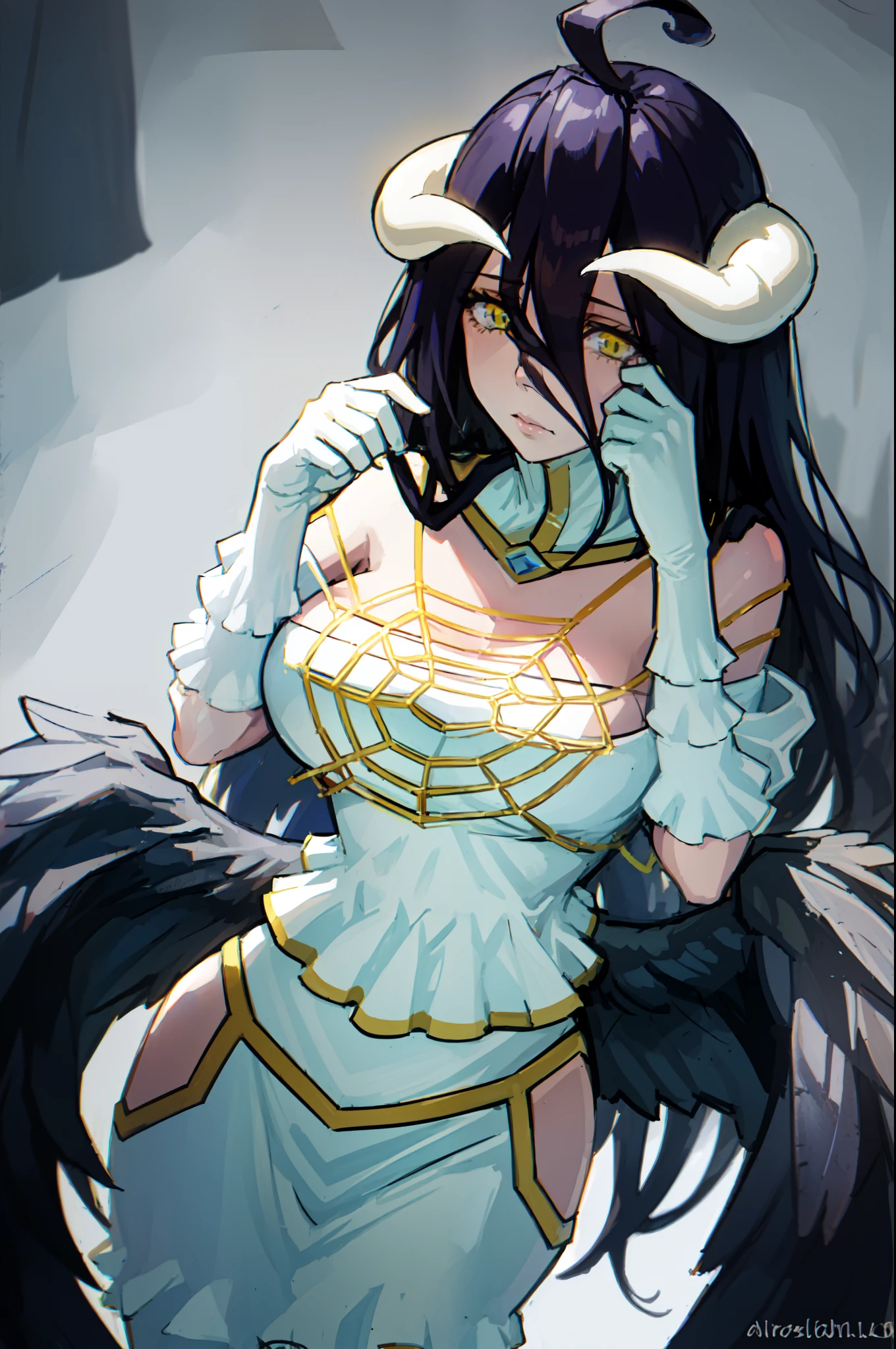 Albedo from overload, anime art style al1, demon horns, white gloves, white dress, bare shoulders, detached collar, cleavage, slit pupils, black wings, feathered wings, low wings
