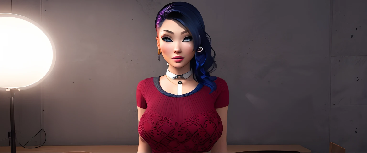 There is a woman standing in front of a light, Avatar de seconde vie, expression sensuelle, Stylized portrait H 640, Avatar du haut du corps, female character, pose de profil glamour, realistic shaded, imvu, highly detailed character, peau de tanny, inspired by Sim Sa-jeong, realistic schoolgirl, buste, Look Lindsey