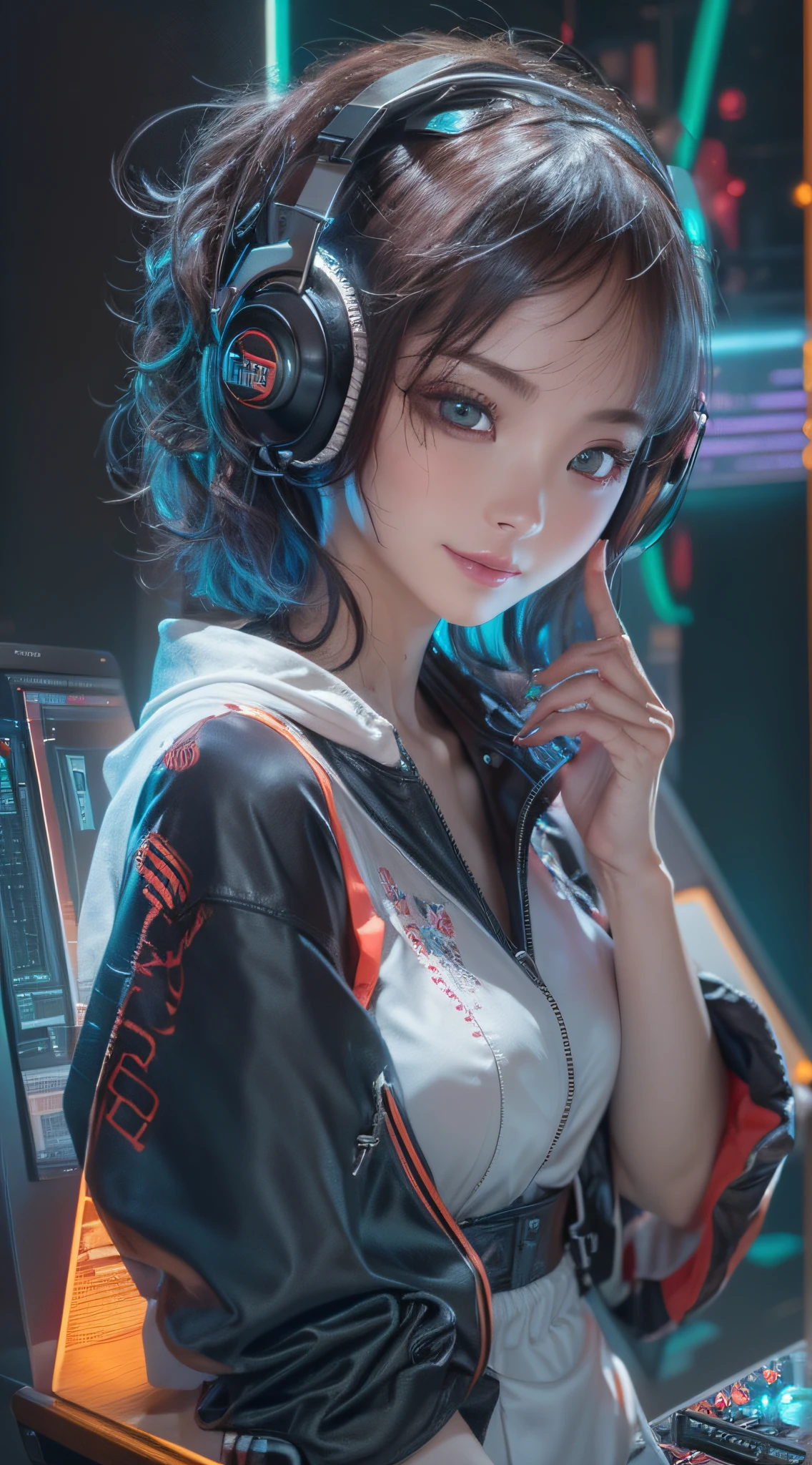 ​masterpiece, 1 beautiful girl, Detailed eye, Swollen eyes, top-quality, 超A high resolution, (reality: 1.4), 灯光, japanes, a asian beauty, very extremely beautiful, Beautiful skins, A slender, Forward-facing body, (A hyper-realistic), (hight resolution), (in 8K), (ighly detailed), ( Best Illustration), (beautifully detailed eyes), (ultra-detailliert), 详细的脸, Bright lighting, Professional Lighting、Cyberpunk DJ booth with many monitors in the background、The cord is connected from the costume、Hair color is dull black、short-hair、headset on head、DJing on stage