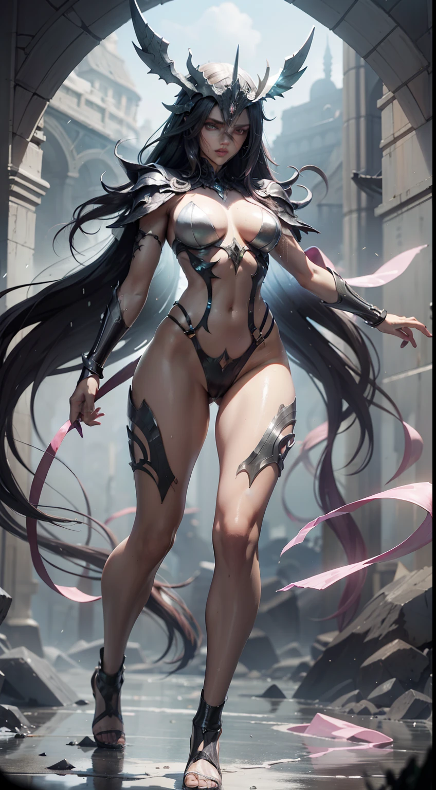 Full body like,(extremelydetailed8Kwallpaper),The terrifying necromancer in the shot,Ominous Shadows,Green smog,iintricate,high detal,dramatics,Full body like,camel-toe,Hollow-out on,sweat leggs,White liquid, Smooth pink skin, shiny metallic glossy skin, Shiny, spread their legs,angry look,white liquid all over body,Full body like,