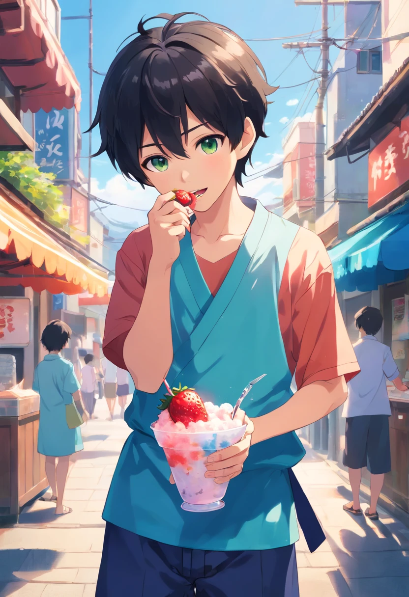 boy, 20 years old, black hair, summer yukata outfit, summer, eating strawberry shaved ice cream, cup of shaved ice, holding a cup of shaved ice in one hand, holding a spoon in the other, delicious food, wind cool, light green, detailed, best quality