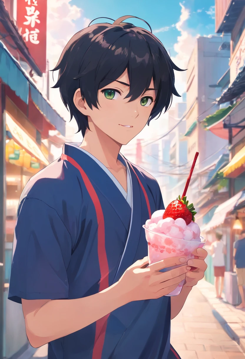 boy, 20 years old, black hair, summer yukata outfit, summer, eating strawberry shaved ice cream, cup of shaved ice, holding a cup of shaved ice in one hand, holding a spoon in the other, delicious food, wind cool, light green, detailed, best quality