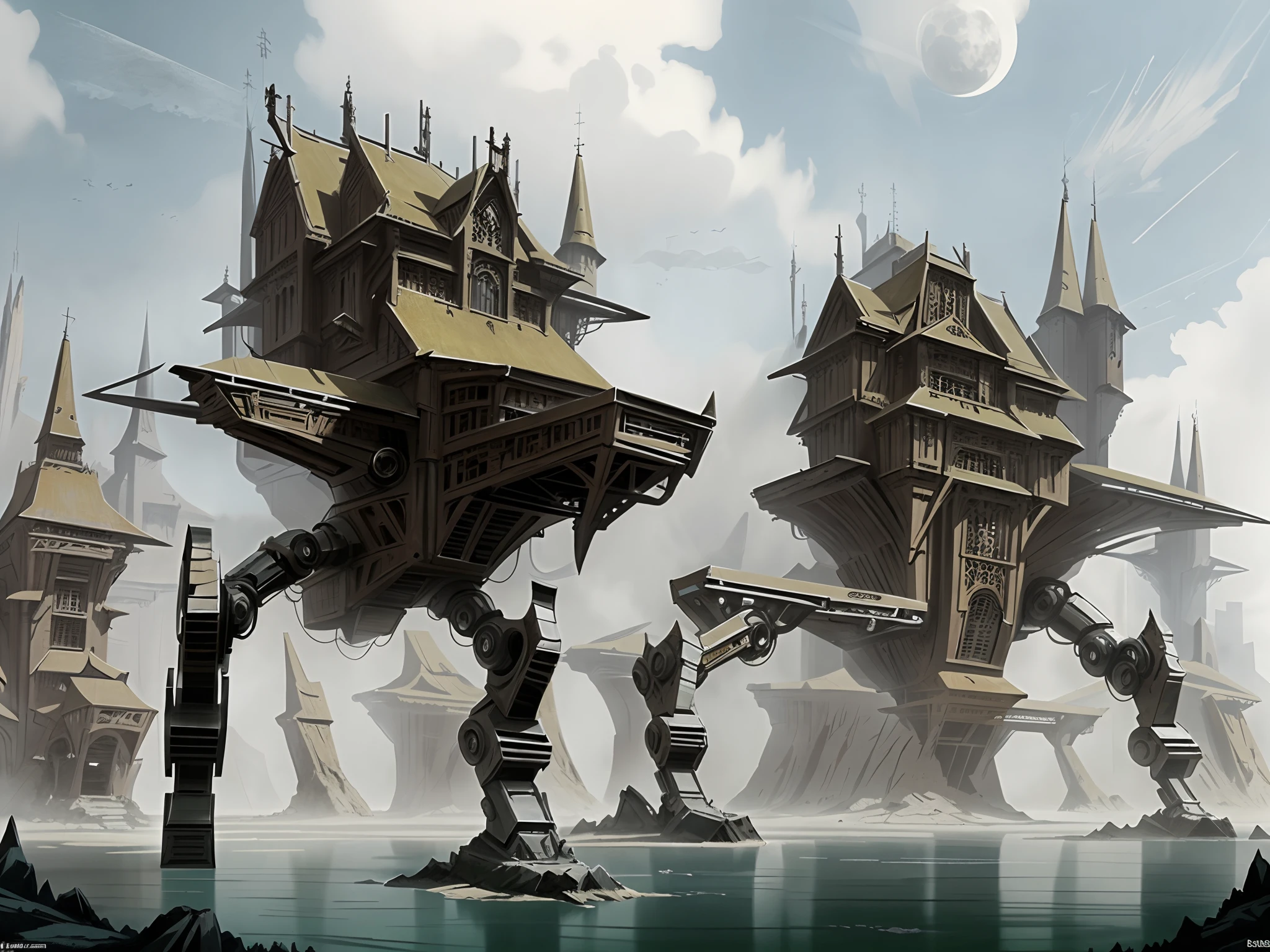 Futuristic Gothic castle body robot, High quality digital concept art, epic fantasy concept art, concept-art | feng zhu, senior concept artist, Epic digital concept art, fantasy concept art, steampunk concept art, stunning concept art, epic fantasy sci fi illustration, award winning concept artist, high-quality concept art, stunning concept art