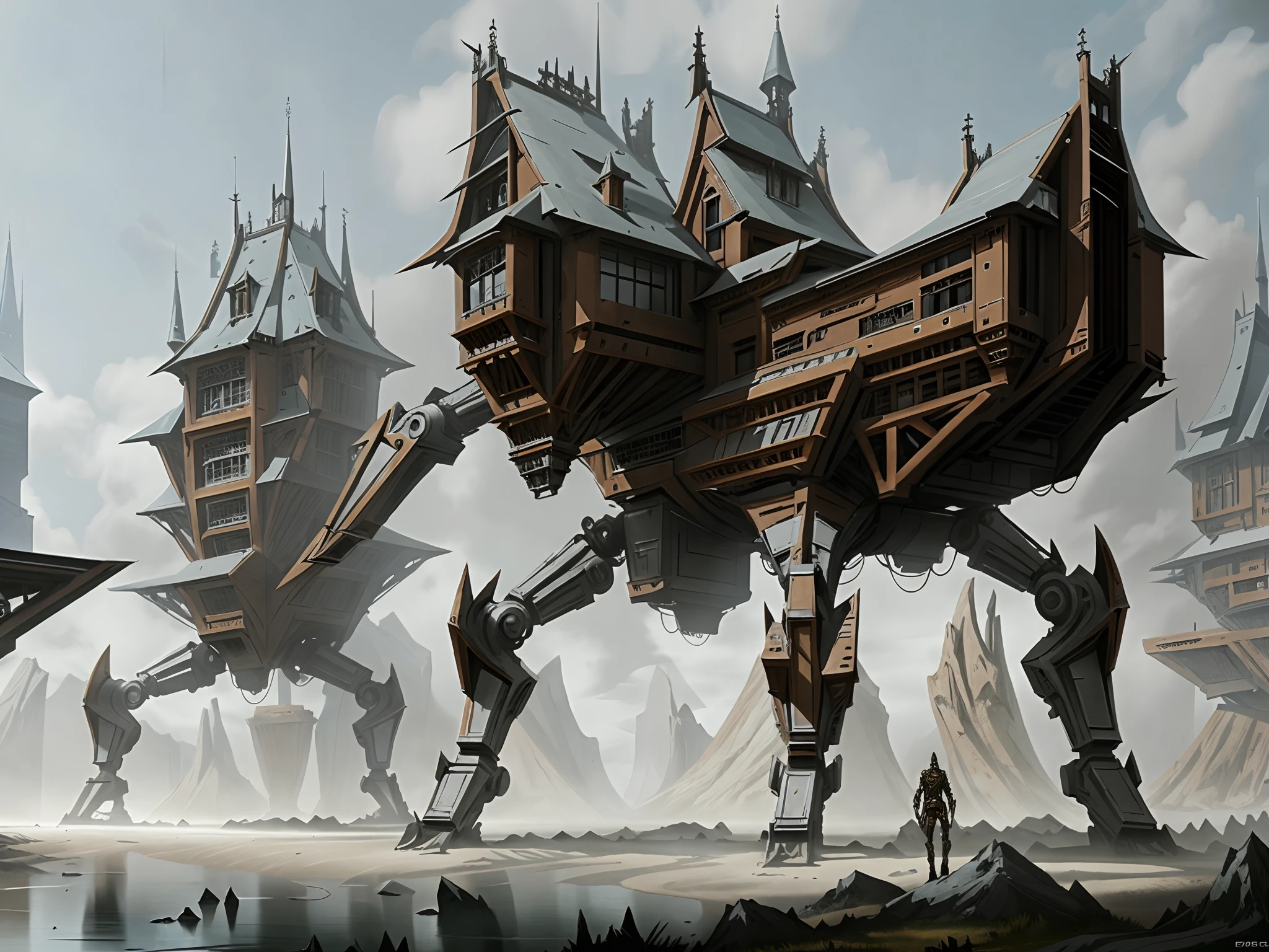 Futuristic Gothic castle body robot, High quality digital concept art, epic fantasy concept art, concept-art | feng zhu, senior concept artist, Epic digital concept art, fantasy concept art, steampunk concept art, stunning concept art, epic fantasy sci fi illustration, award winning concept artist, high-quality concept art, stunning concept art