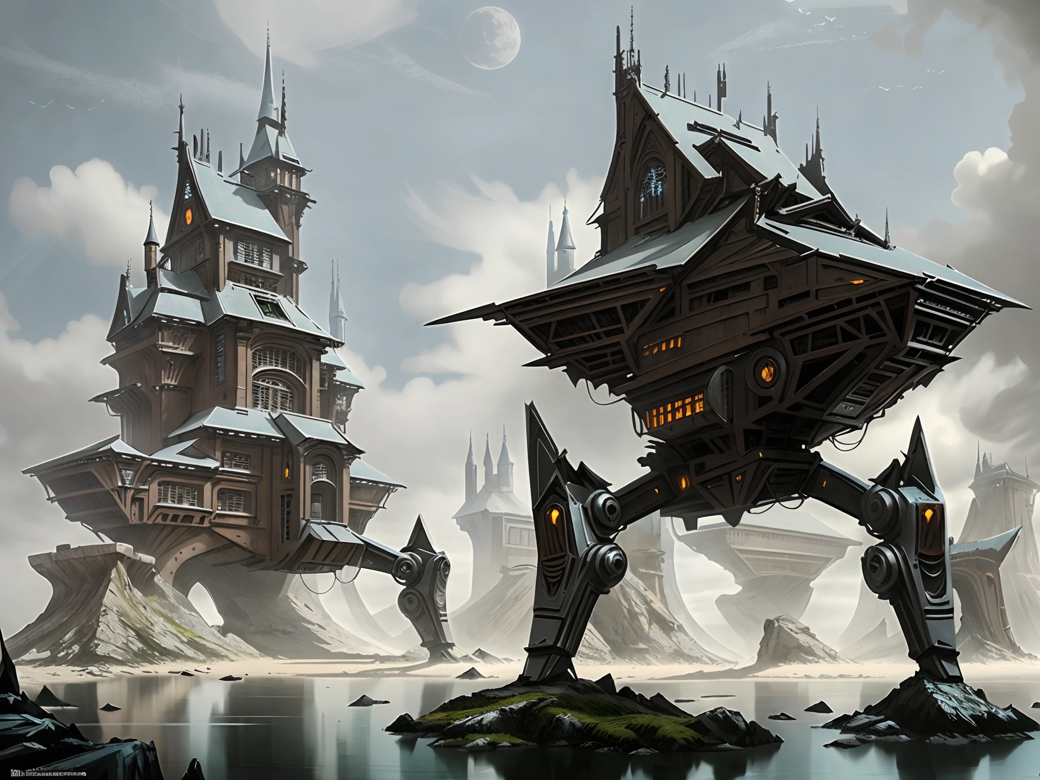 Futuristic Gothic castle body robot, High quality digital concept art, epic fantasy concept art, concept-art | feng zhu, senior concept artist, Epic digital concept art, fantasy concept art, steampunk concept art, stunning concept art, epic fantasy sci fi illustration, award winning concept artist, high-quality concept art, stunning concept art