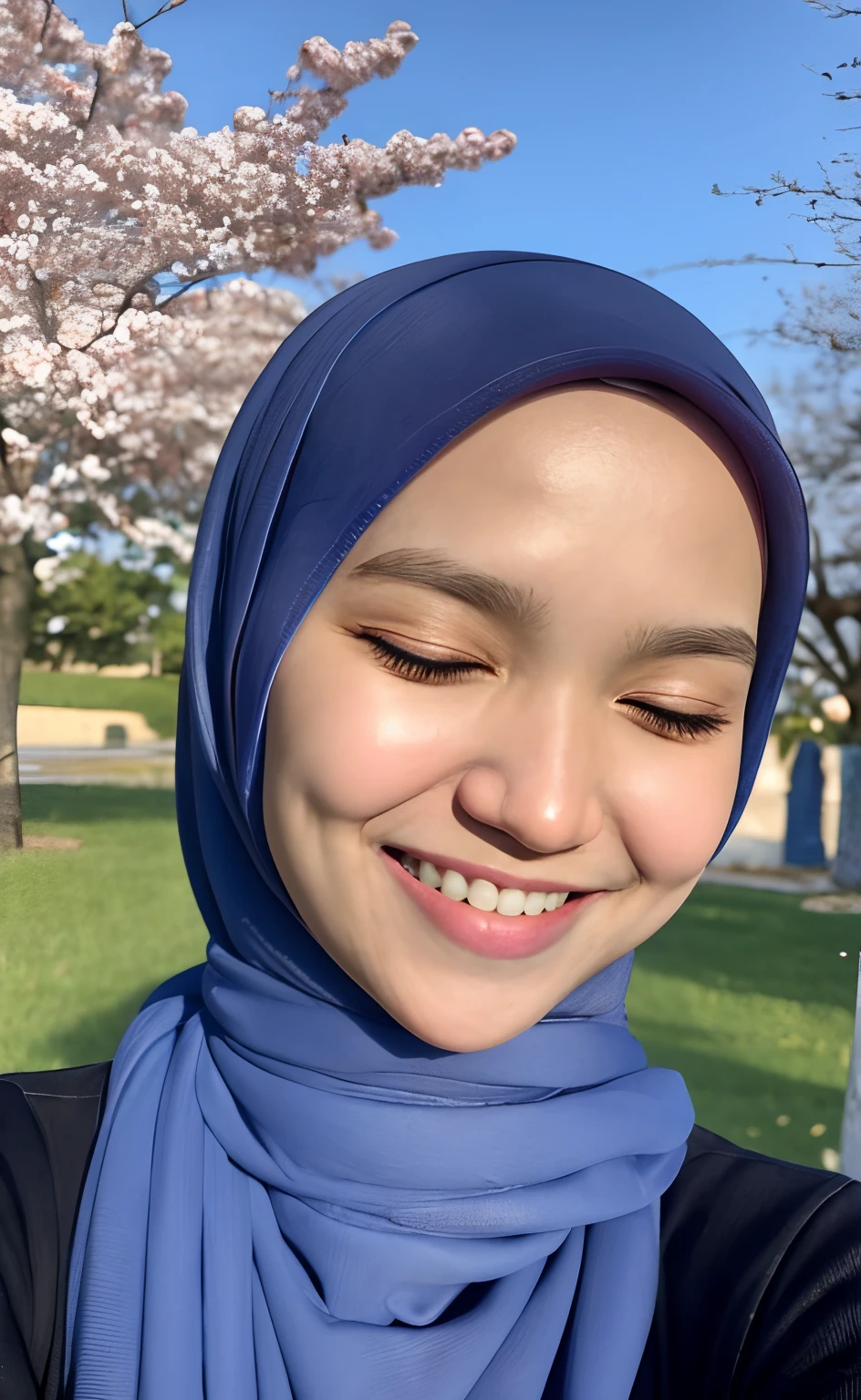 Masterpiece:1.2, high quality, best quality, high resolution, detailed, hyper realistic, 1 malay girl in hijab, blue eyes, head tilt, sunset, birds flying, cherry blossom, Portrait, closed eyes, smile, showing teeth,  (detailed face), ((sharp focus)), ((face)), upper_body