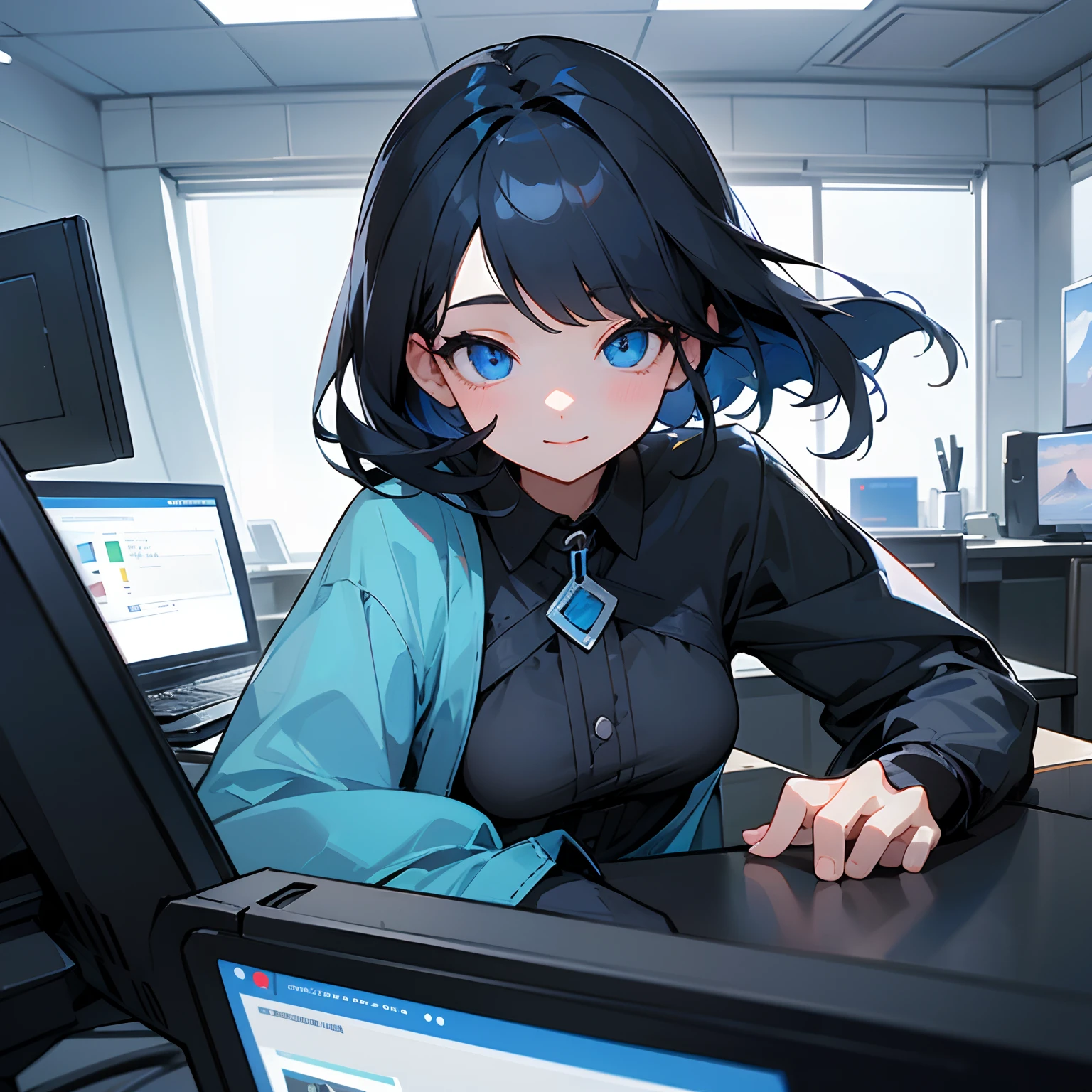 Beautiful illustration、top-quality、girl with、Black hair、shorth hair、A slight smil、(((Delicat eyes)))、blue eyess、personal computers、officeworker、s Office