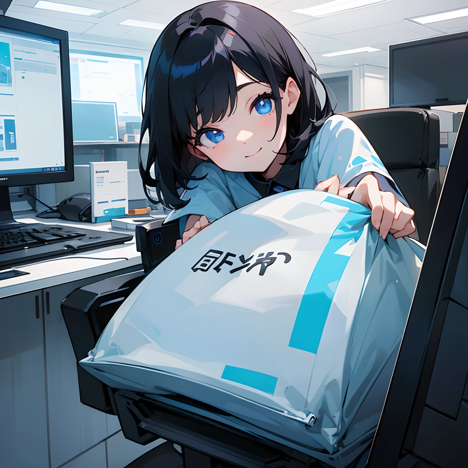 Beautiful illustration、top-quality、girl with、Black hair、shorth hair、A slight smil、(((Delicat eyes)))、blue eyess、personal computers、officeworker、s Office