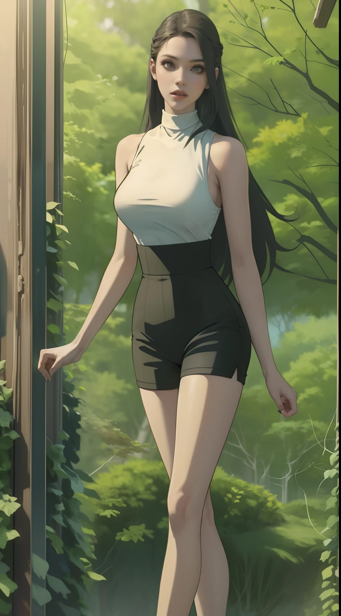 1girll，long whitr hair，sleeveless turtleneck，high - waist shorts，Hosiery，high-heels，huge boob，Delicate makeup，are standing，staring in the camera，ln the forest，floresta exuberante，The best lighting