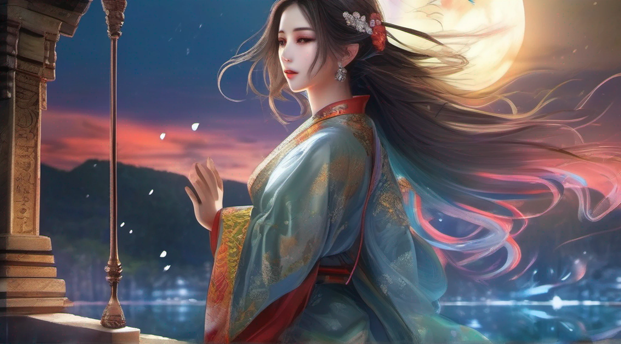 (8k, RAW photo:1.2),best quality, ultra high res,dramatic angle,(fluttered detailed color splashs), (illustration),(((1 girl))),(long hair),(rain:0.9),(hair ornament:1.4),there is an ancient palace beside the girl,chinese clothes,(focus on), color Ink wash painting,(color splashing),colorful splashing,(((colorful))),(sketch:0.8), Masterpiece,best quality, beautifully painted,highly detailed,(denoising:0.6),[splash ink],((ink refraction)), (beautiful detailed sky),moon,highly,detaild,(masterpiece, best quality, extremely detailed CG unity 8k wallpaper,masterpiece, best quality, ultra-detailed),(Lycoris radiata),