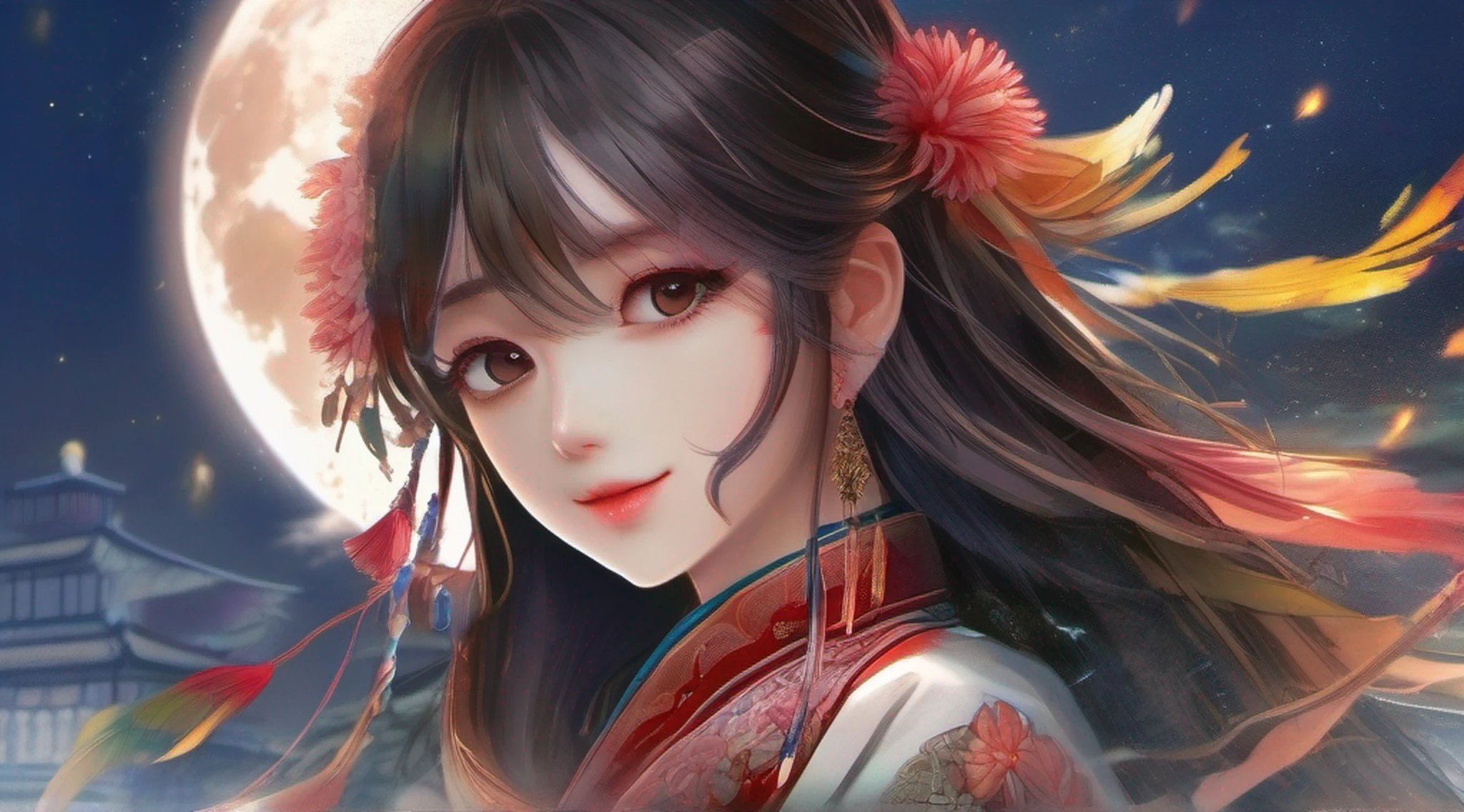 (((完美figure,figure,red hanfu,Winter Hanfu,Chinese clothes,red clothes,red background,dragon,(Chinese fabric:1.2), hanfu,Big red lanterns hung high, Dragon and girl,dragon帽兜,(((ailisha,Brown pupils,1girl,solo,long black hair,Exposing bangs ))),(((wide hips))),S型figure:1.7))),((masterpiece)),high resolution, ((Best quality at best)),masterpiece,quality,Best quality,((( Exquisite facial features,looking at the audience,There is light in the eyes,blush,shy,Happy,laughing out loud))),(((Light and shadow interlace,huge ))),(((looking into camera)))