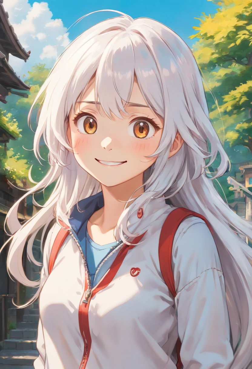 (best quality, highres, ultra-detailed, realistic:1.37), HDR, studio lighting, ultra-fine painting, sharp focus, physically-based rendering, extreme detail description, professional, vivid colors, bokeh, portraits, photography, Genki girl, adorable, beautiful detailed eyes, beautiful detailed lips, extremely detailed eyes and face, long eyelashes, rays of sunshine, hyper-realistic depiction, super-fine rendering, athletic sneakers, denim pants, long white hair, Qi bangs, close your eyes, smile