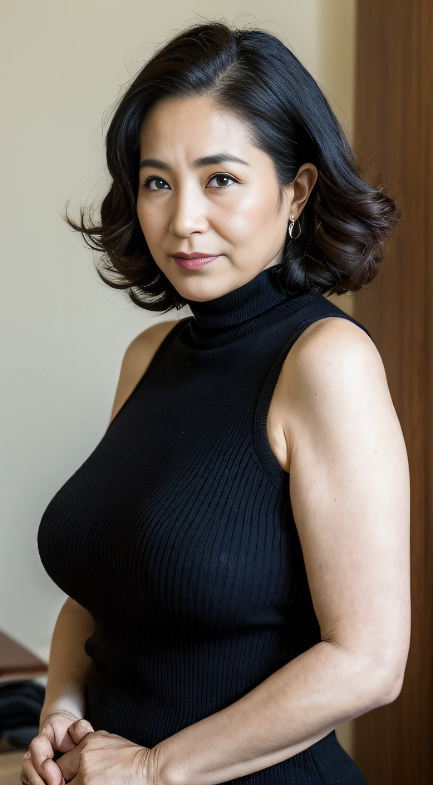 ((Best quality, 8K, Masterpiece, Portrait: 1.3)), (View viewers), Photorealism, Sharp focus, Solo, The Moro Islamic Liberation Front of Japan, Beauty,Wavy hair, Wrinkles at the corners of the eyes, to emphasize, ((Big breasts:1.3))),,30 years old, curlies, Wrinkled eyes, Wear a sleeveless turtleneck sweater、Skinny knit dress、耳Nipple Ring,office room, Office desk,