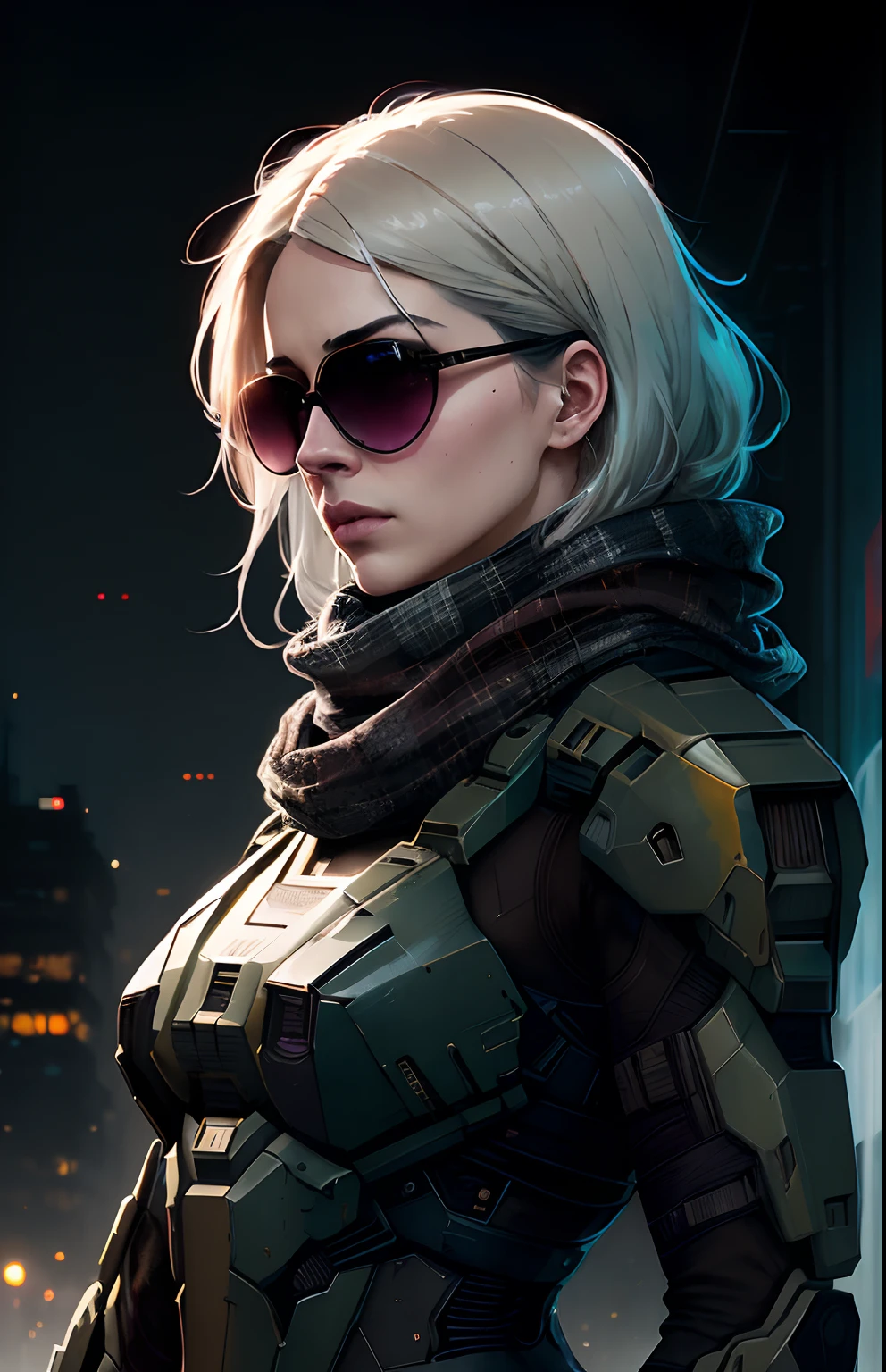 (dark shot:1.1), epic realistic, portrait of halo, sunglasses, blue eyes, tartan scarf, white hair by atey ghailan, by greg rutkowski, by greg tocchini, by james gilleard, by joe fenton, by kaethe butcher, gradient yellow, black, brown and magenta color scheme, grunge aesthetic!!! graffiti tag wall background, art by greg rutkowski and artgerm, soft cinematic light, adobe lightroom, photolab, hdr, intricate, highly detailed, (depth of field:1.4), faded, (neutral colors:1.2), (hdr:1.4), (muted colors:1.2), hyperdetailed, (artstation:1.4), cinematic, warm lights, dramatic light, (intricate details:1.1), complex background, (rutkowski:0.66), (teal and orange:0.4)