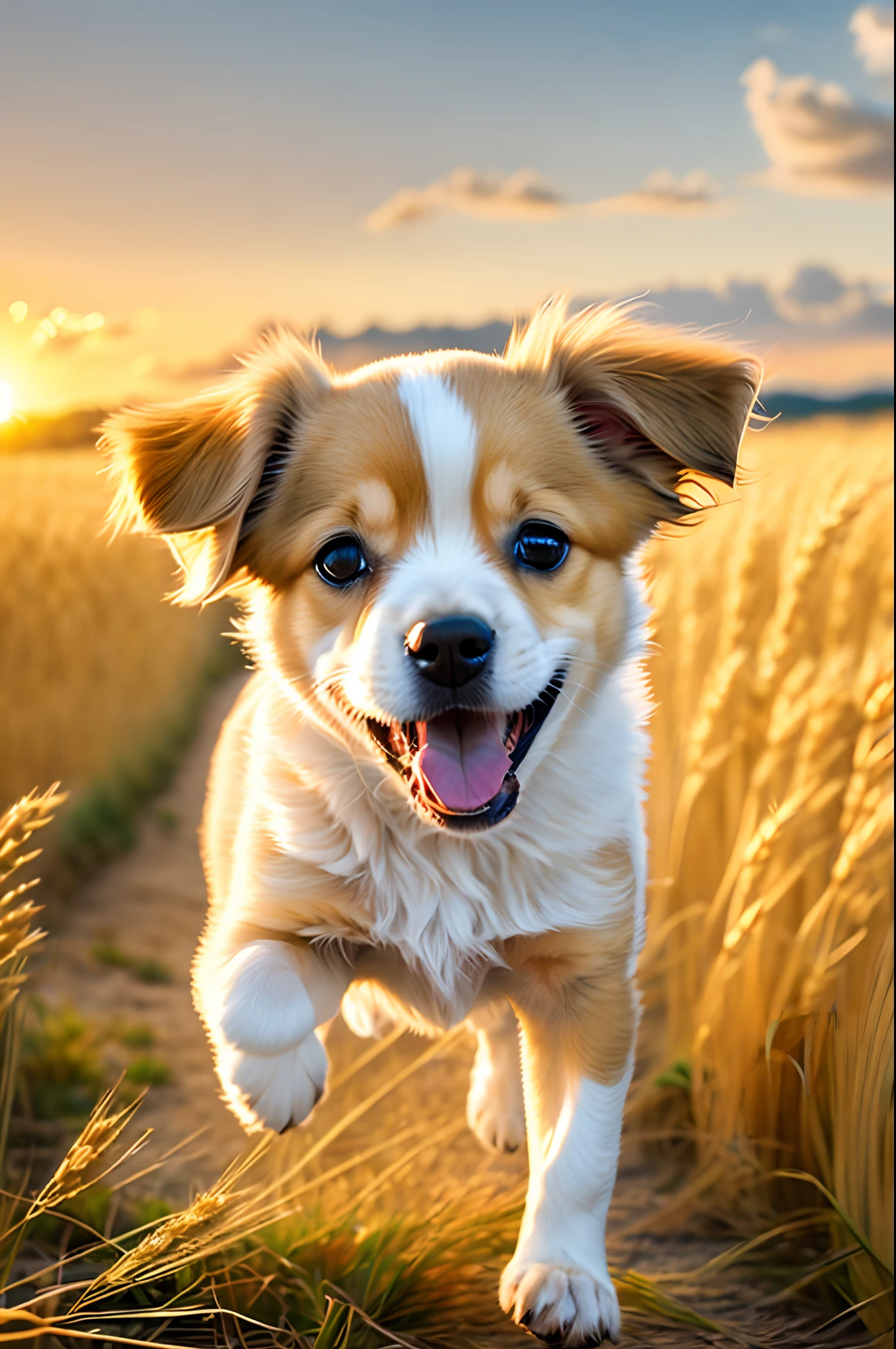 Photo of a very cute puppy running in a golden wheat field, facing the camera, showing his tongue and smiling, sunset sky, white clouds, soft volumetric light, (backlight: 1.3), (movie: 1.2), intricate details, (ArtStation: 1.3), Rutkowski