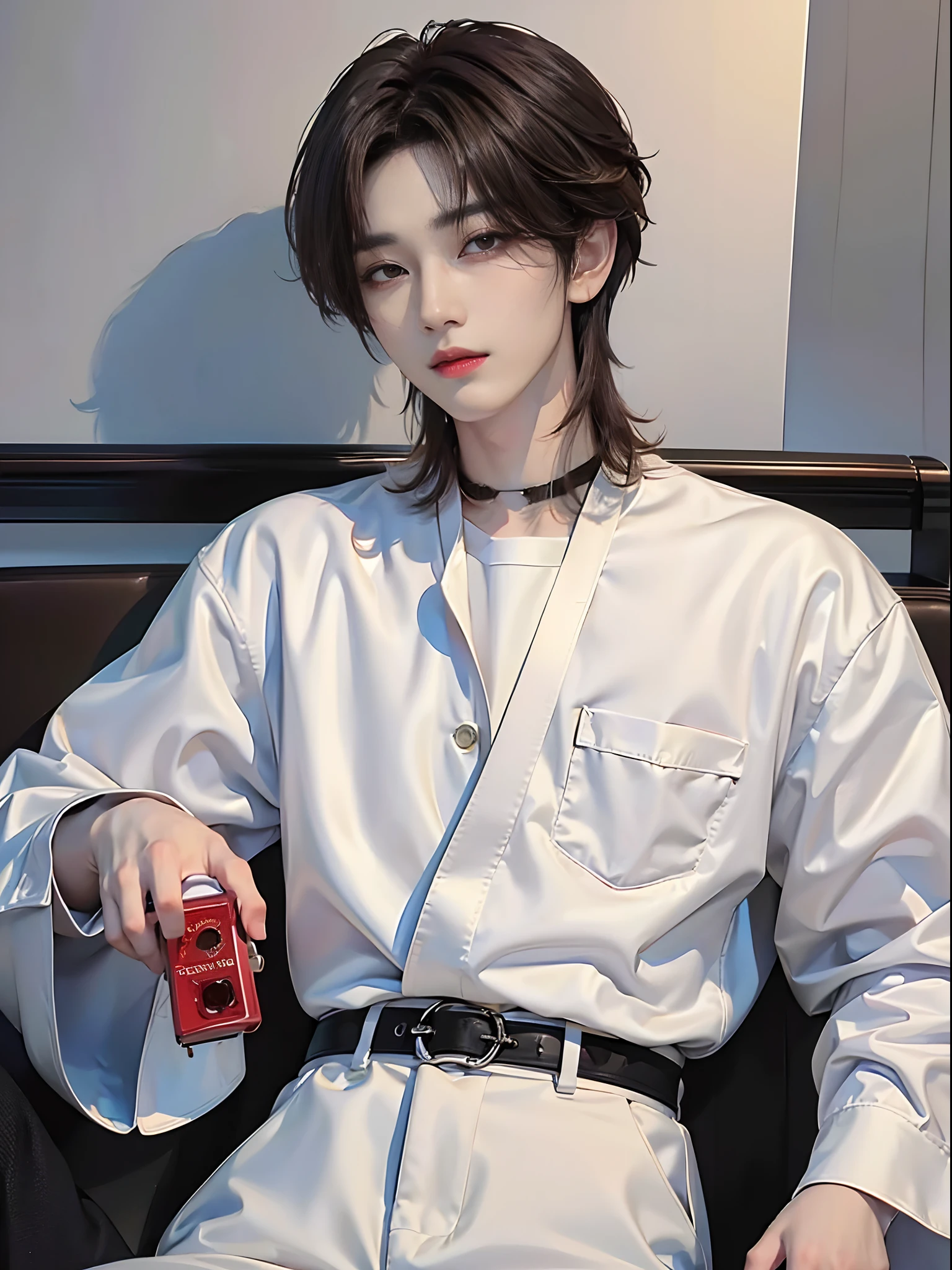 masterpiece、(top-quality)、((high-level image quality))、One Manly Boy、Slim body、((White Y-shirt and long black pants))、(Detailed beautiful eyes)、September Night Road、Sit on the curb with your back to the wall、Face similar to Chaewon in Ruseraphim、((short hair above the ears))、((Smaller face))、((Neutral face))、((Light brown eyes))、((Korean boy))、((18year old))、((Handsome man))、((Wild look))、((Korean Makeup))、((elongated and sharp eyes))、((Sit next to the viewer))、((shot from a side angle))、((The upper part of the body))、((Close-range shooting))