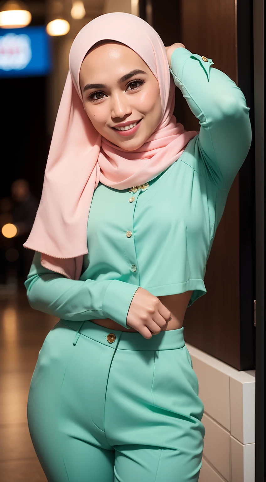Malay girl in hijab, wear small floral pastel green color shirt and High Waist Plicated brown Suit Pants , laughing and posing with both hand on top of her head, touching her own white head, wear backpack, front view, hijab blown, windy, detail skin, age spot, detail skin texture, mole below eyes, small breast, flat chest, wide hips, small waists, thick thighs, slim abs, beautiful body, nighttime, laughing, happy, bright lighting, college student in background, crowded cafe, blur background, bokeh,