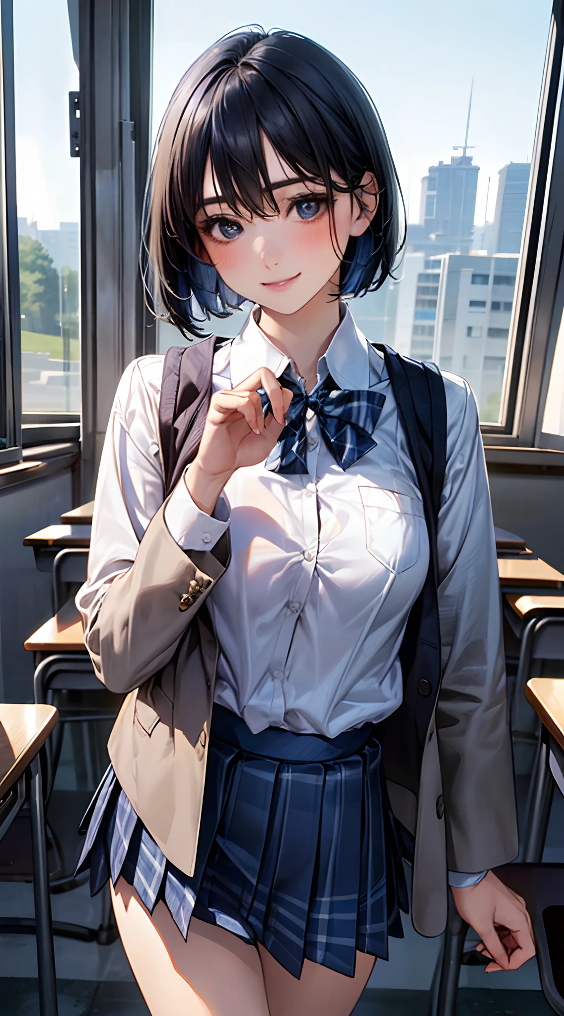 (masterpiece:1.2, top-quality), (realistic, photorealistic:1.4), beautiful illustration,
looking at viewer, cowboy shot, front view:0.8,
1 girl, japanese, high school girl, blue hair, (short hair:1.4), bob cut, bangs, hair between eye, blue eyes, large breasts:1.0,
beautiful hair, beautiful face, beautiful detailed eyes, beautiful clavicle, beautiful body, beautiful chest, beautiful thigh, beautiful legs, beautiful fingers,
(beautiful scenery), dawn, classroom, desks, chairs, curtains,
((collared shirt, white shirt, school uniform, (navy long sleeves jacket), blue plaid pleated skirt, blue plaid bow tie)), white panties,
standing, walking, holding satchel,
smile, ,