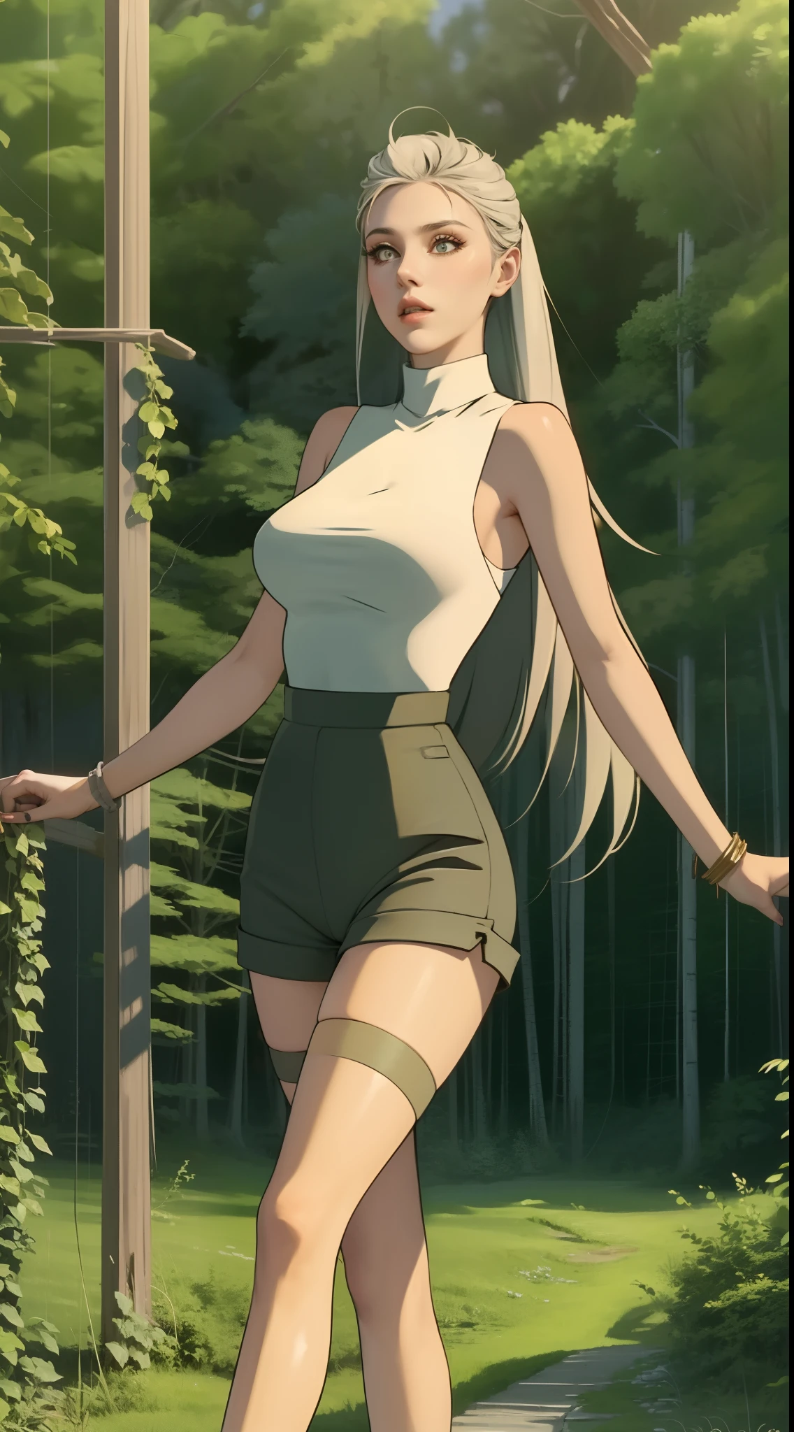 1girll,long whitr hair,sleeveless turtleneck,high - waist shorts,Hosiery,high-heels,huge boob,Delicate makeup,are standing,staring in the camera,ln the forest,floresta exuberante,The best lighting