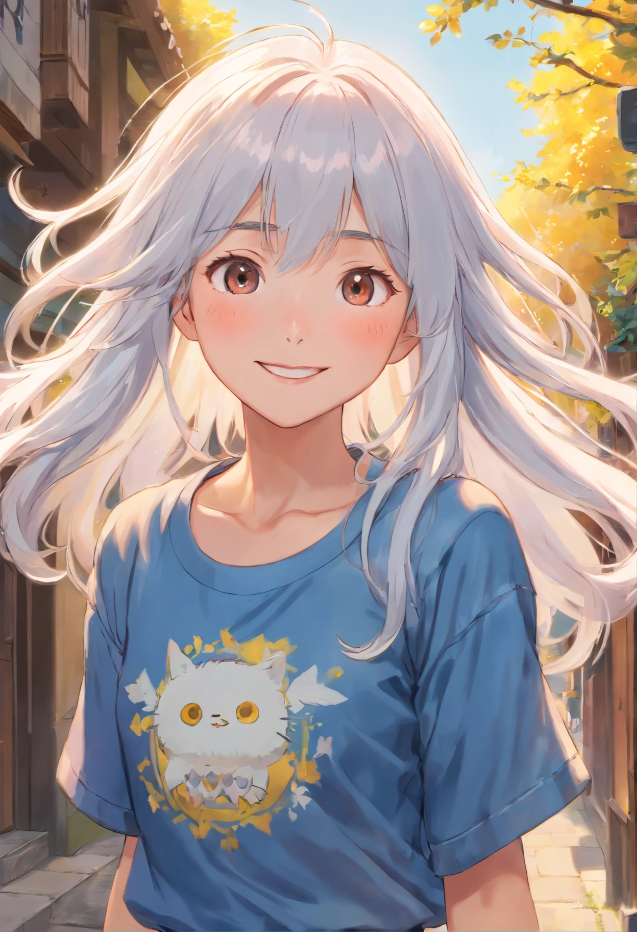 (best quality, highres, ultra-detailed, realistic:1.37), HDR, studio lighting, ultra-fine painting, sharp focus, physically-based rendering, extreme detail description, professional, vivid colors, bokeh, portraits, photography, Genki girl, adorable, beautiful detailed eyes, beautiful detailed lips, extremely detailed eyes and face, long eyelashes, rays of sunshine, hyper-realistic depiction, super-fine rendering, athletic sneakers, denim pants, long white hair, Qi bangs, close your eyes, smile