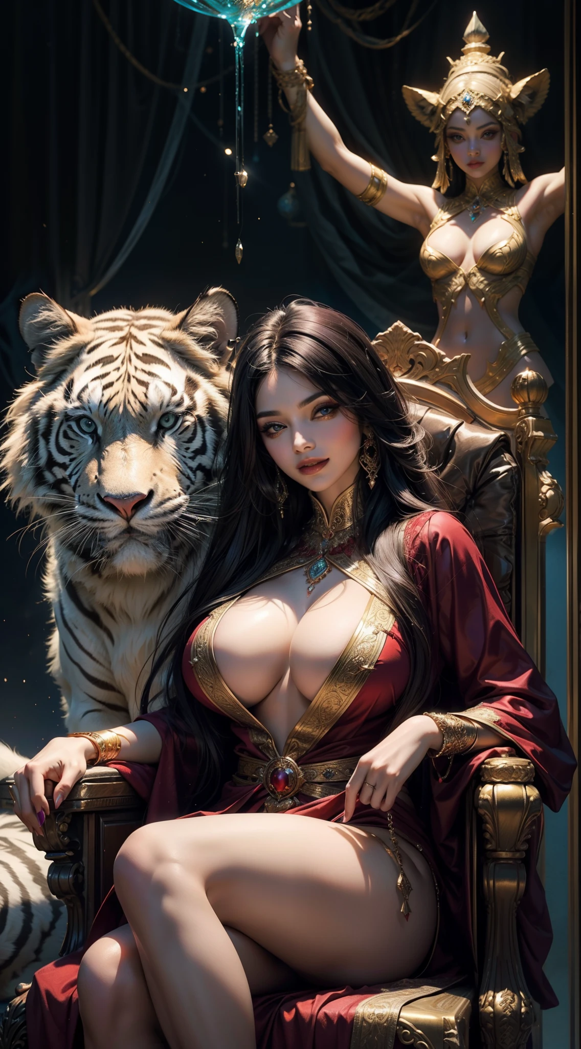"Arabian princess in red-purple attire, goddes face, beautiful face,sexy body, huge breast, berfect body, cascading black long hair, piercing eyes, alluring smile, reclining seductively on a majestic throne, accompanied by a magnificent white tiger, amidst an enchanting mystical backdrop."