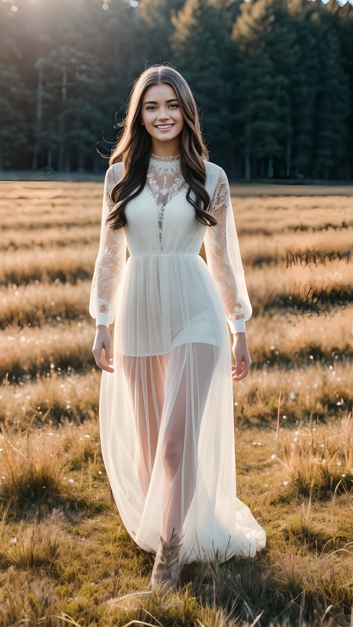 Beautiful woman with fluffy hair in tight dress in an abandoned destroyed field bare feet