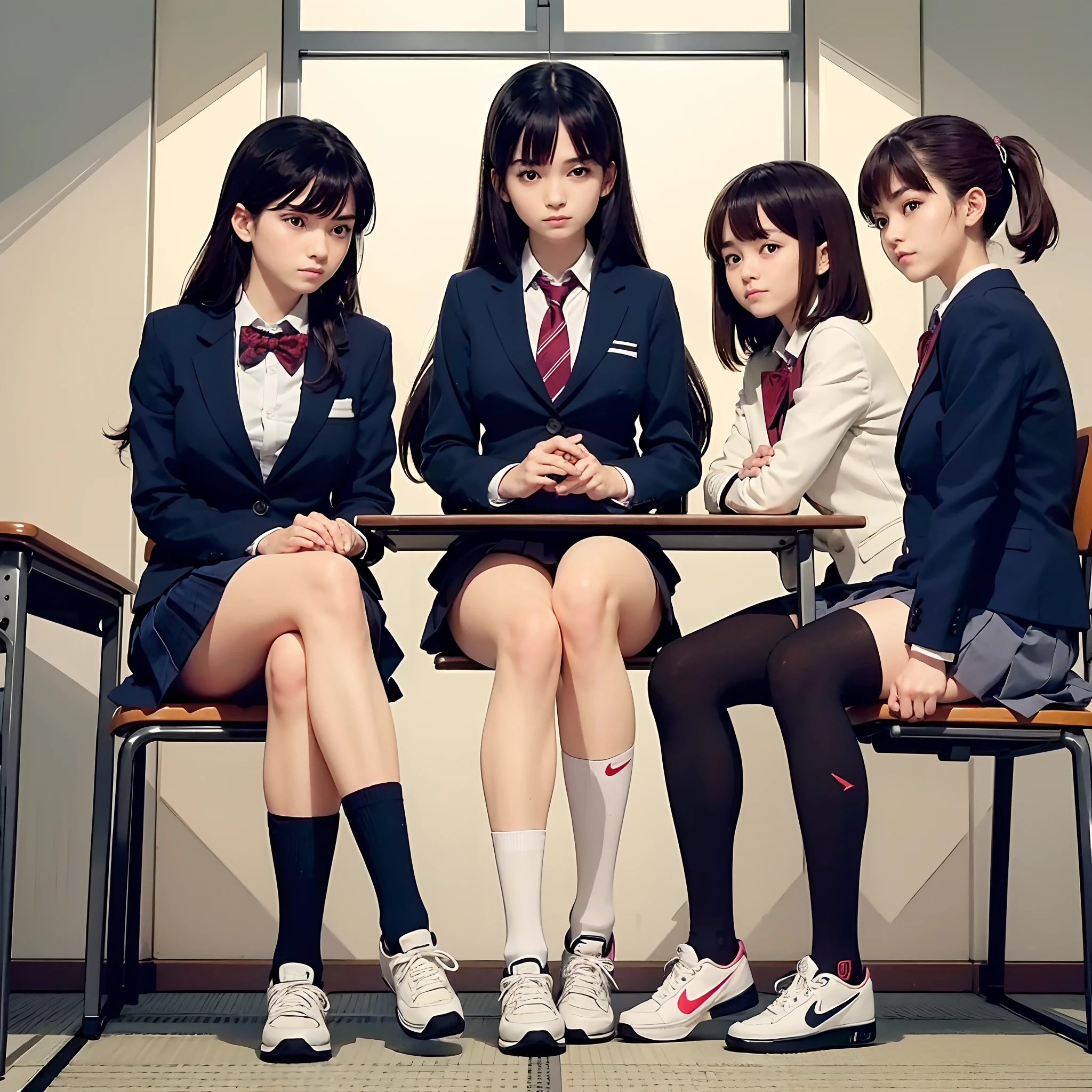 Japanese School, crass room, desk work, Chair, Beautiful High School Girl, Blazer, tie, high socks, sneakers, Nike Air Force 1 sneakers for schoolgirls, sit a chair, legs crossed, Looking down, Foot View, Sullen expression,